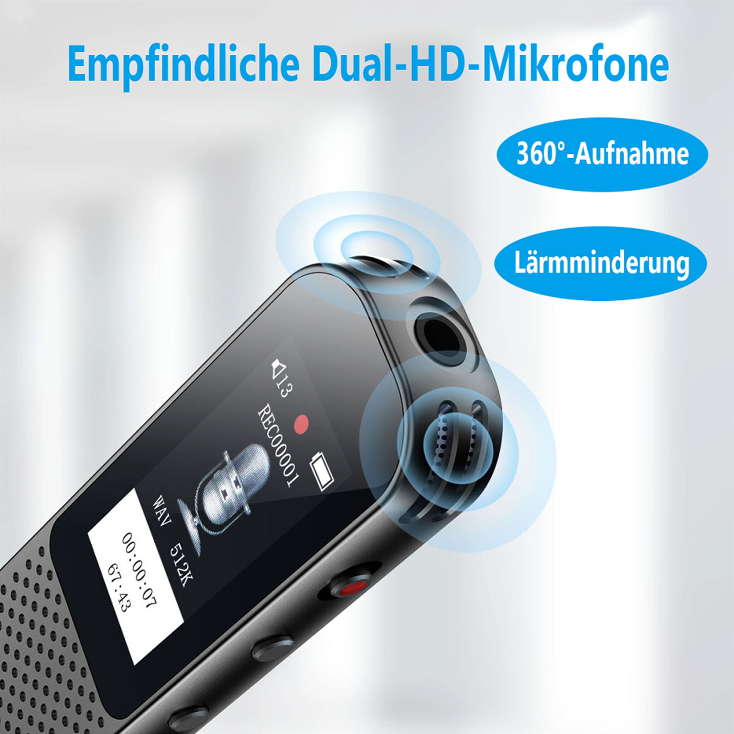 Ein schwarzer Diktiergerät mit einem Mikrofonsymbol auf dem Bildschirm wird angezeigt.