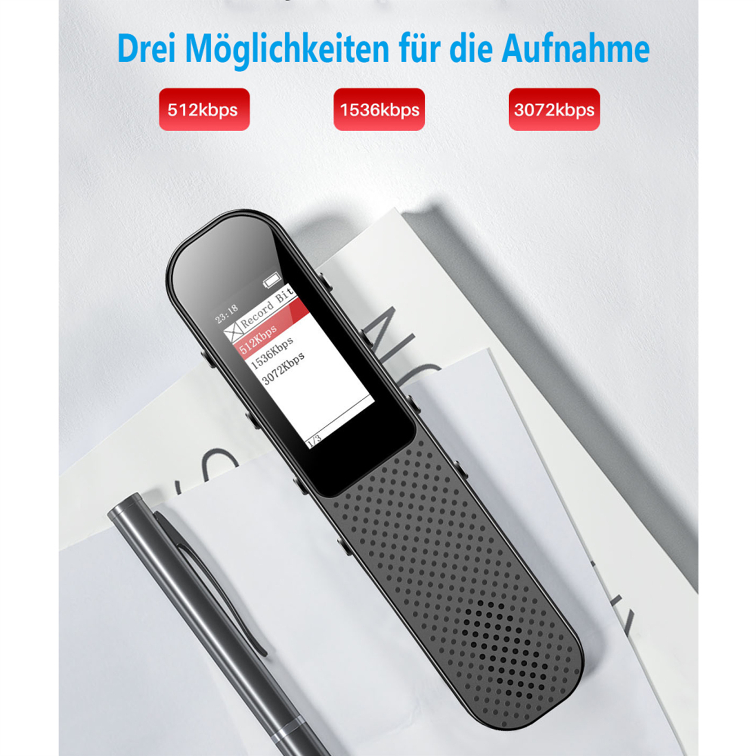 Ein schwarzer Diktiergerät ist auf weißem Papier mit einem grauen Stift daneben abgebildet.