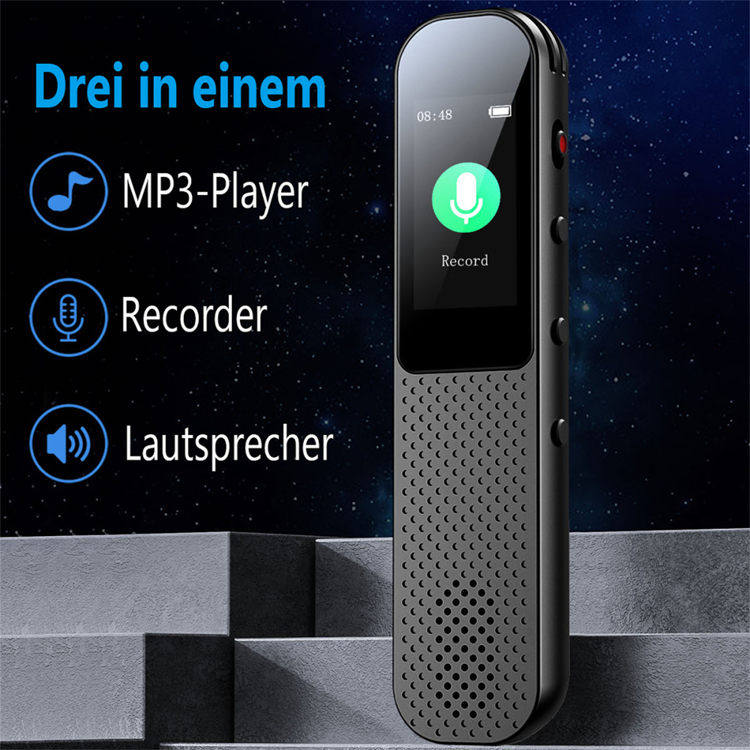 Ein schwarzer Diktiergerät mit einem Bildschirm, der ein Mikrofonsymbol und das Wort „Record“ anzeigt.