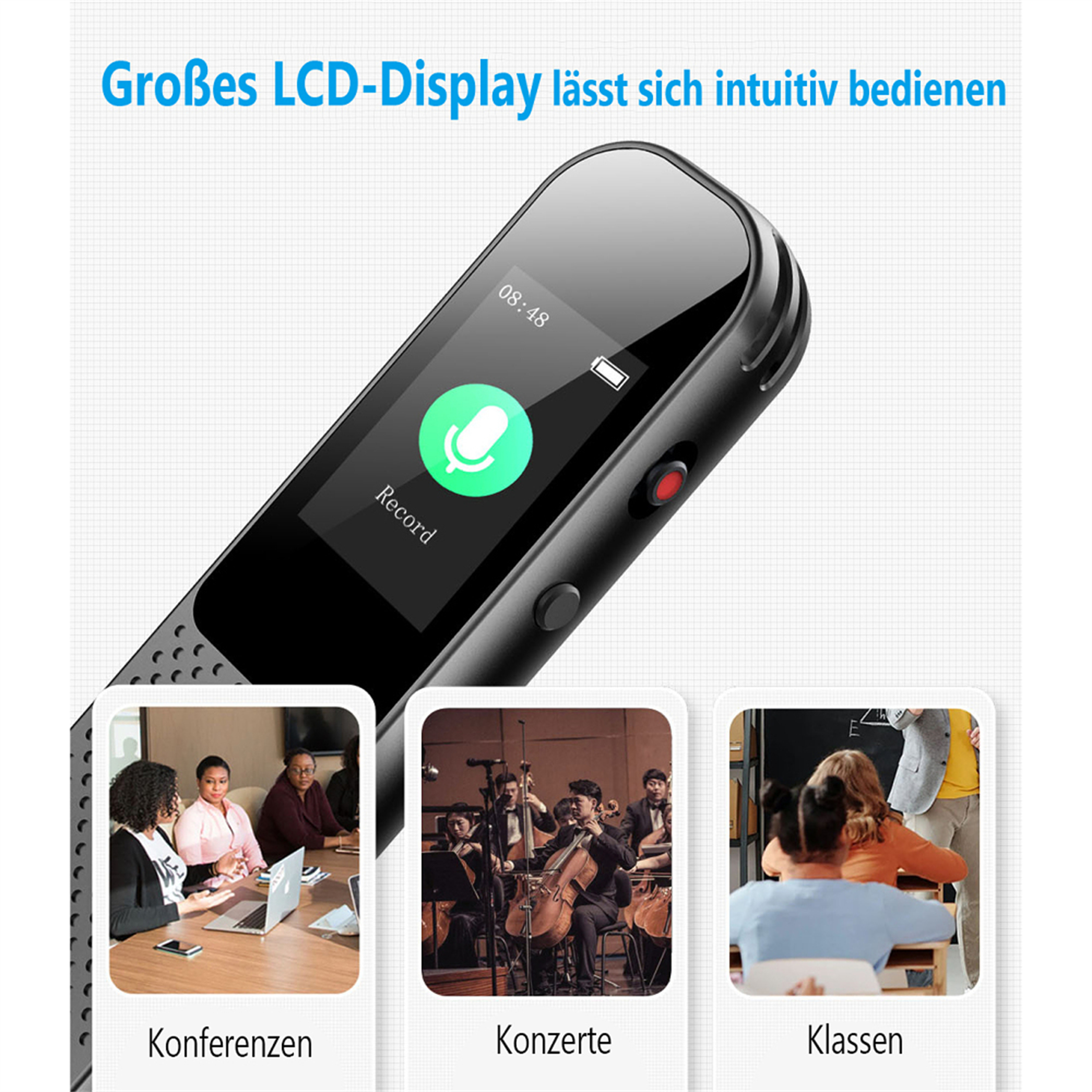 Ein schwarzer Diktiergerät mit einem Mikrofonsymbol und dem Wort „Record“ auf dem Bildschirm.