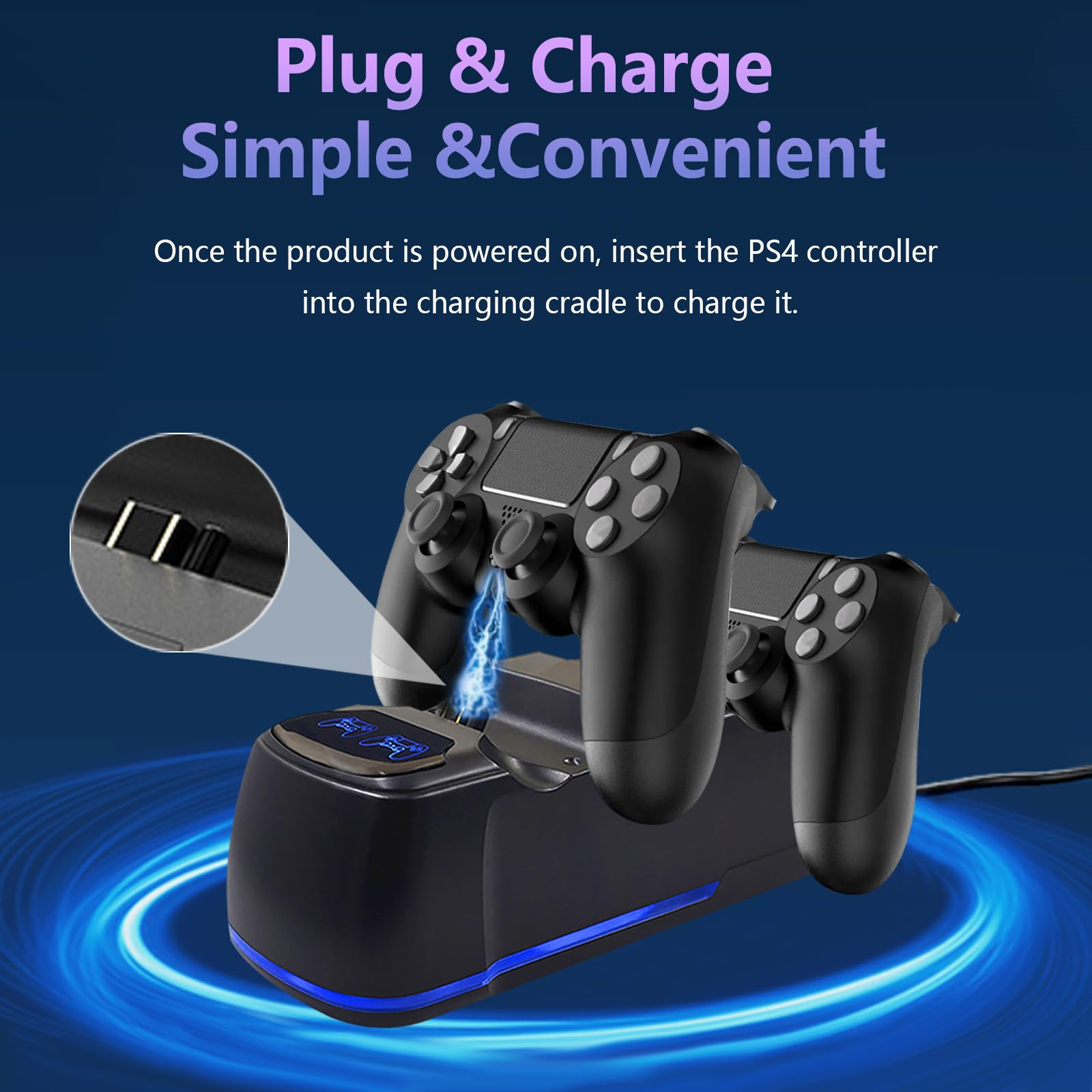 Zwei schwarze Gamecontroller werden auf einer Station aufgeladen, wobei eine Grafik die einfache Plug-and-Charge-Funktionalität hervorhebt.