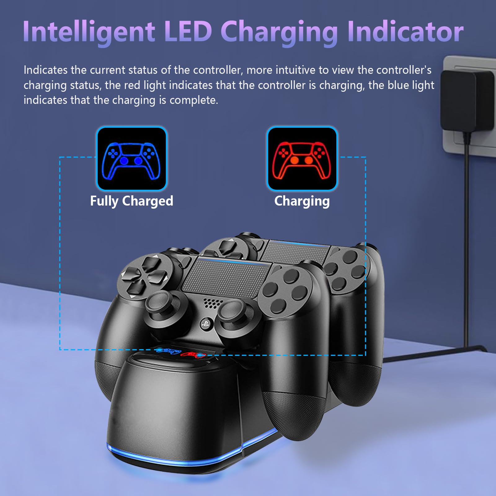 Zwei schwarze Gamecontroller werden auf einer Station mit LED-Leuchten aufgeladen, die den Ladestatus mit Farbe anzeigen.