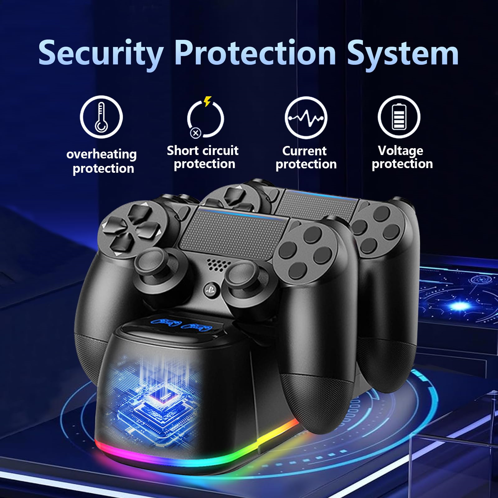 Zwei schwarze Gamecontroller werden auf einer Station aufgeladen, wobei Sicherheitsmerkmale wie Überhitzungs- und Kurzschlussschutz hervorgehoben werden.