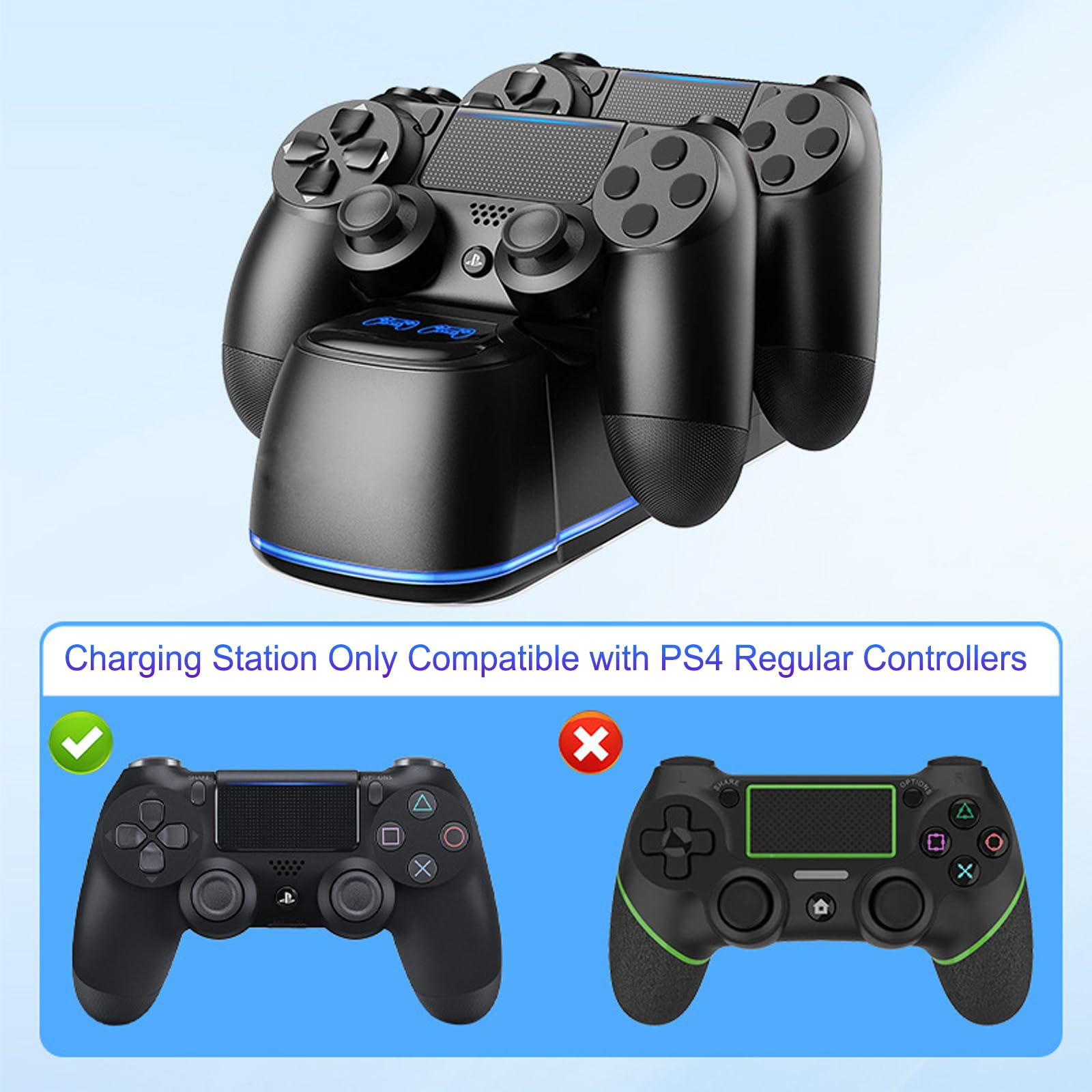 Zwei PS4-Controller, ein Standard- und ein modifizierter, heben die Kompatibilität mit einer Ladestation für reguläre Modelle hervor.