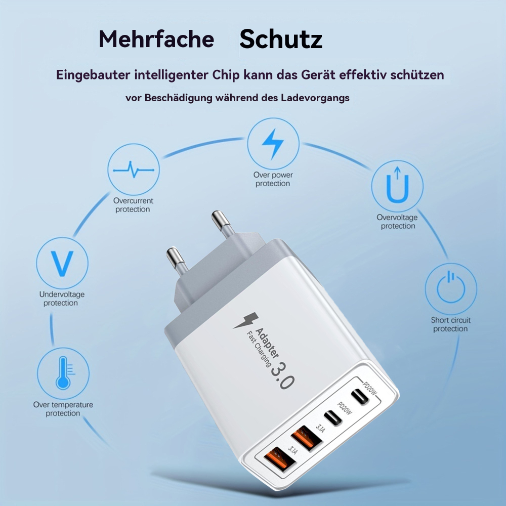 Weißes USB-Ladegerät mit mehreren Anschlüssen und grauem Adapter mit Textüberlagerung.