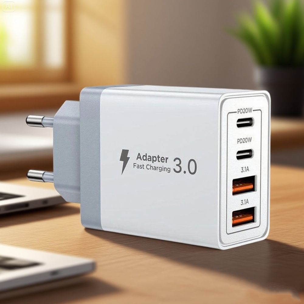 Weißes USB-Ladegerät mit mehreren Anschlüssen und grauem Adapter auf einer Holzoberfläche.
