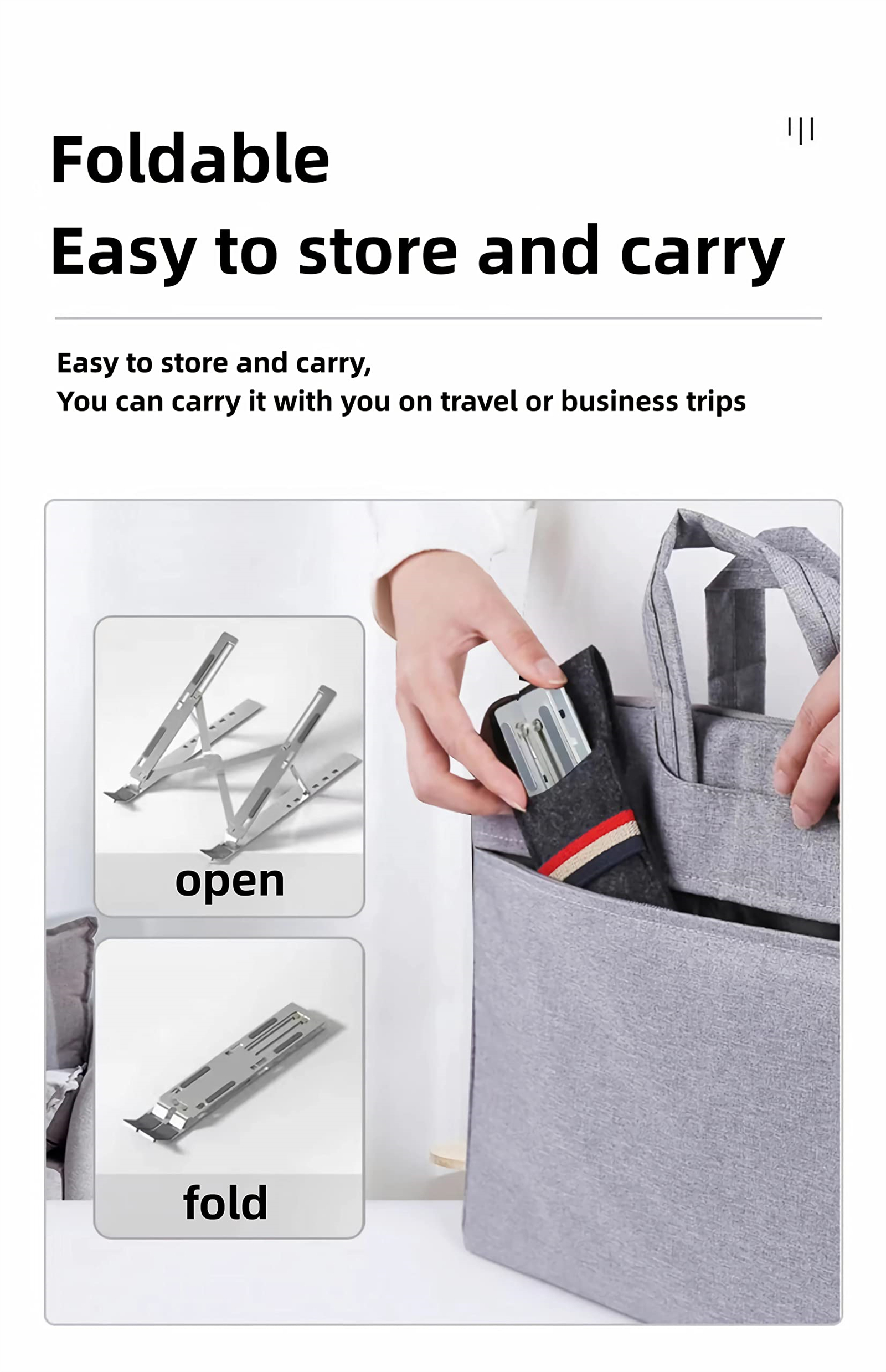 Zusammenklappbarer Laptopständer, der in eine graue Tasche gepackt wird, um die Tragbarkeit und einfache Aufbewahrung zu demonstrieren.
