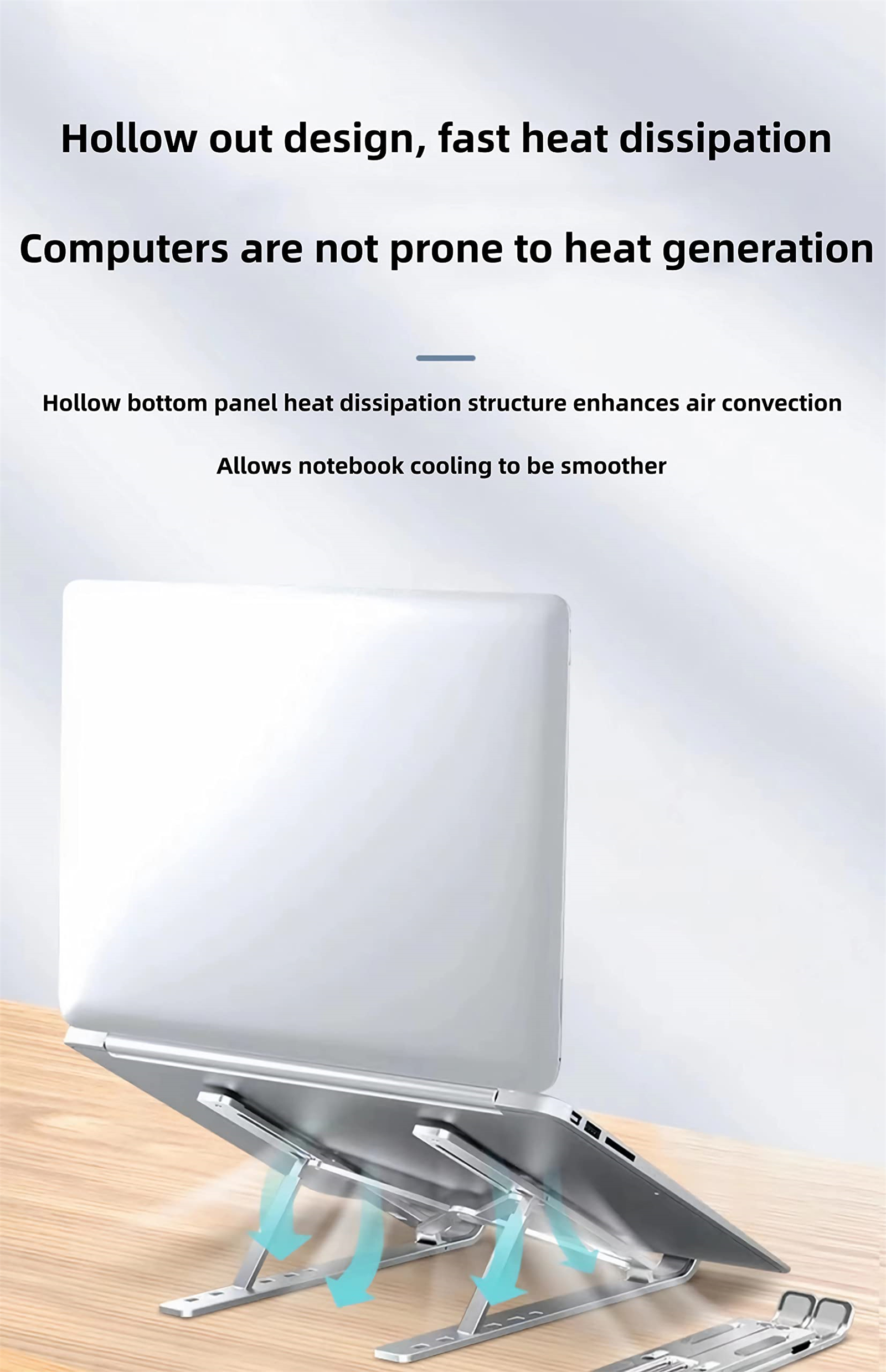 Laptop auf einem silbernen, zusammenklappbaren Ständer, Pfeile zeigen den Luftstrom, Hervorhebung des Wärmeableitungsdesigns.