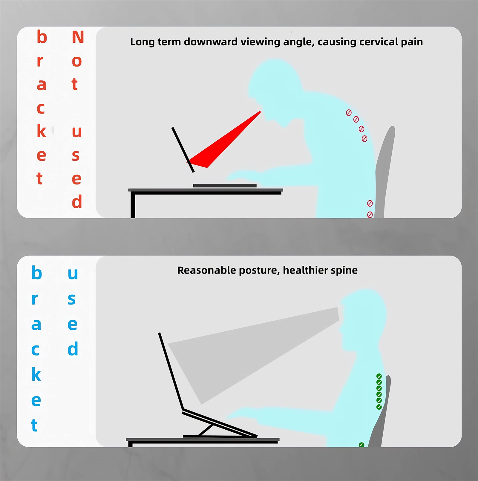 Diagramm, das eine schlechte Haltung einer guten Haltung mit einem Laptopständer gegenüberstellt, für ergonomische Vorteile.