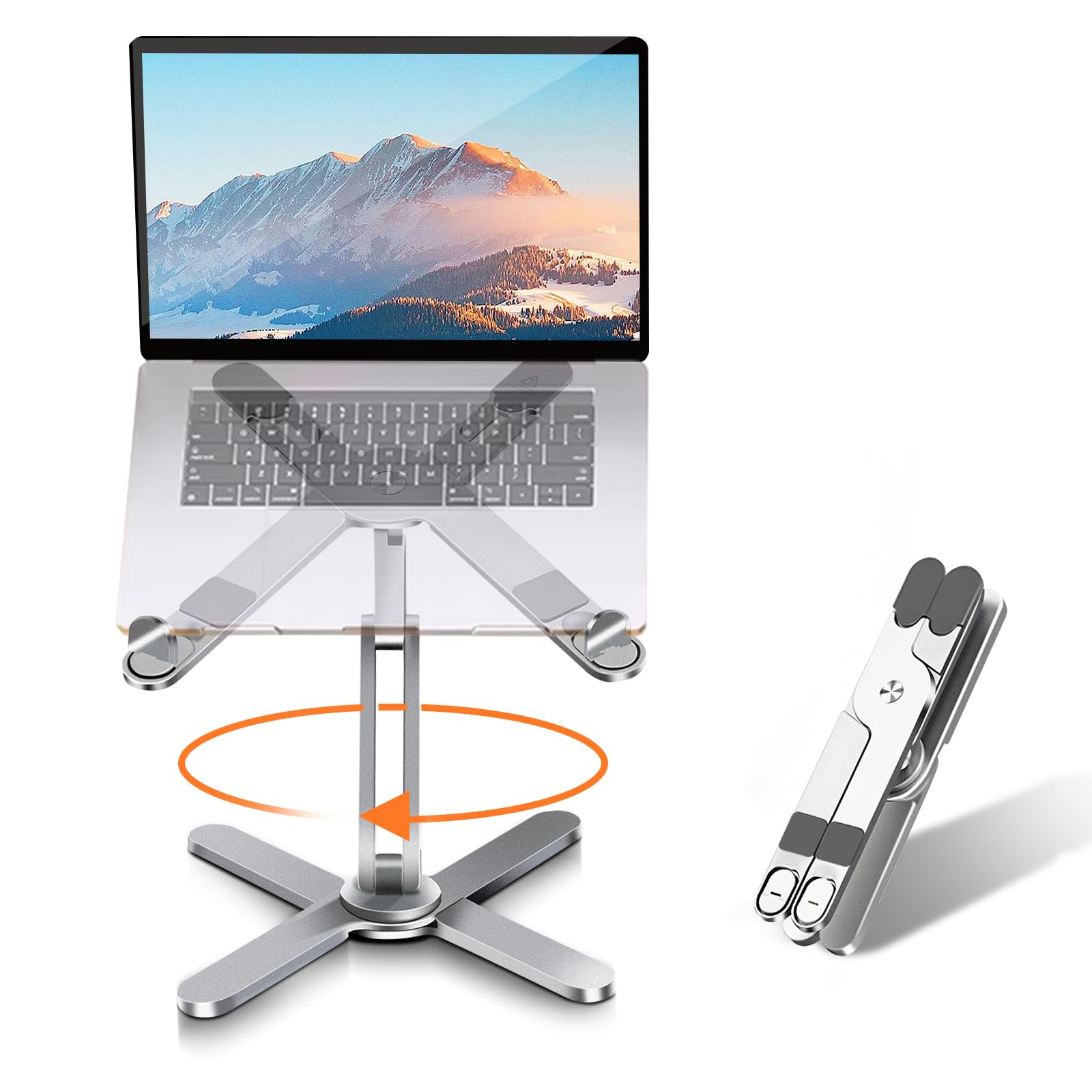 Laptop auf einem silbernen Ständer zeigt eine Berglandschaft; ein zusammengeklappter Ständer befindet sich rechts.
