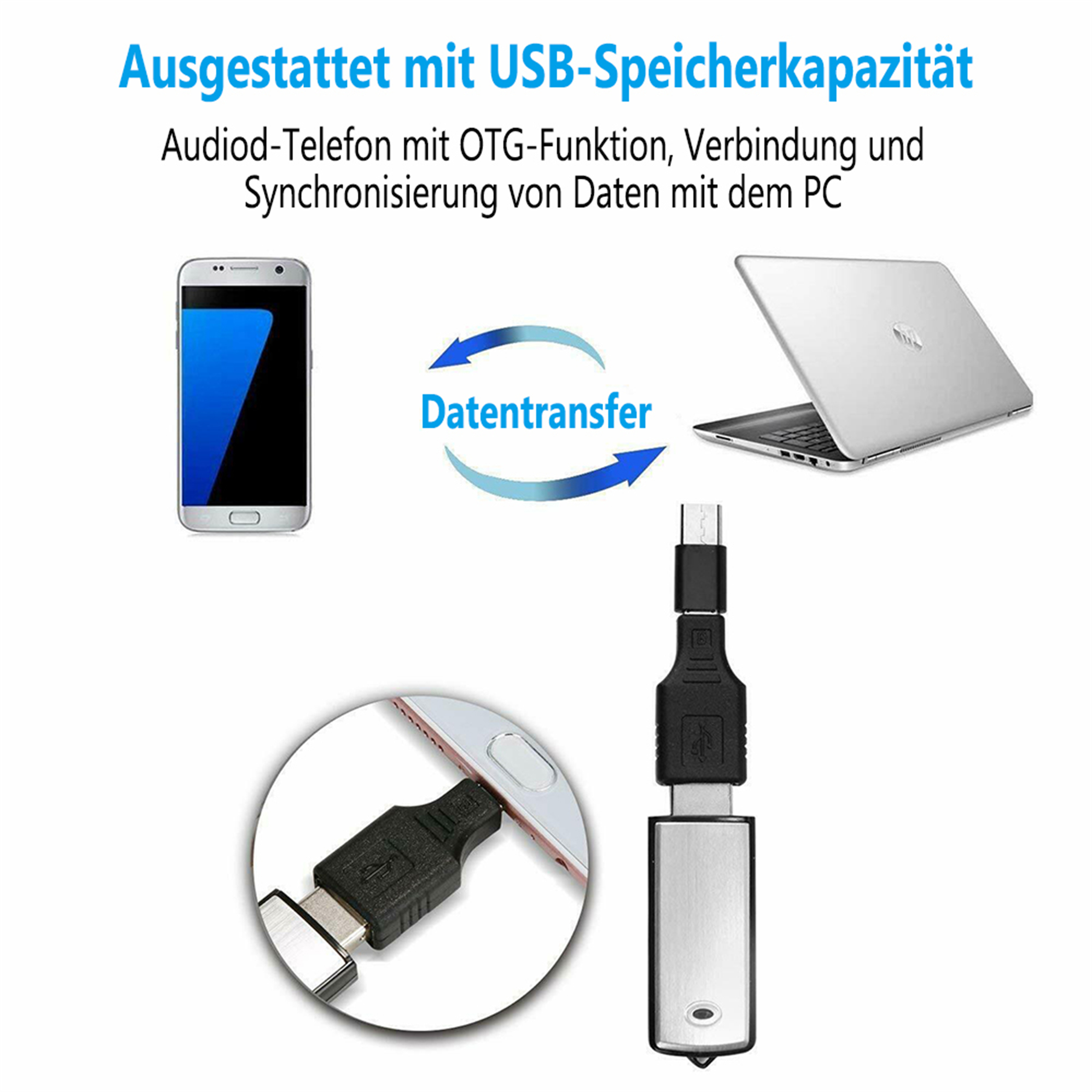 Bilder eines Telefons, Laptops und USB-Sticks, die mit einem Kabel verbunden sind und die Datenübertragung hervorheben.