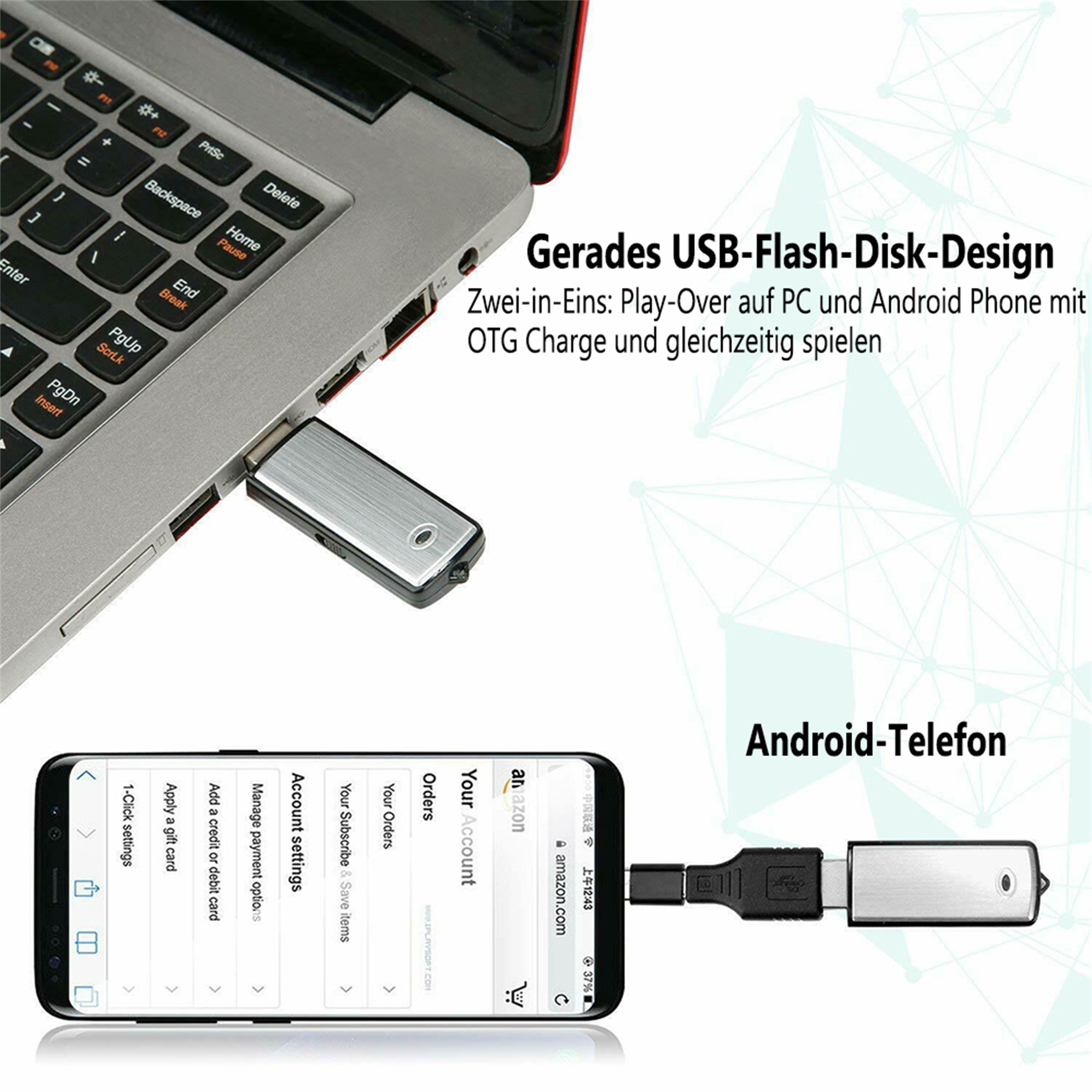 Silbernes USB-Laufwerk an einen Laptop angeschlossen, im Hintergrund eine Webseite auf einem Smartphone.