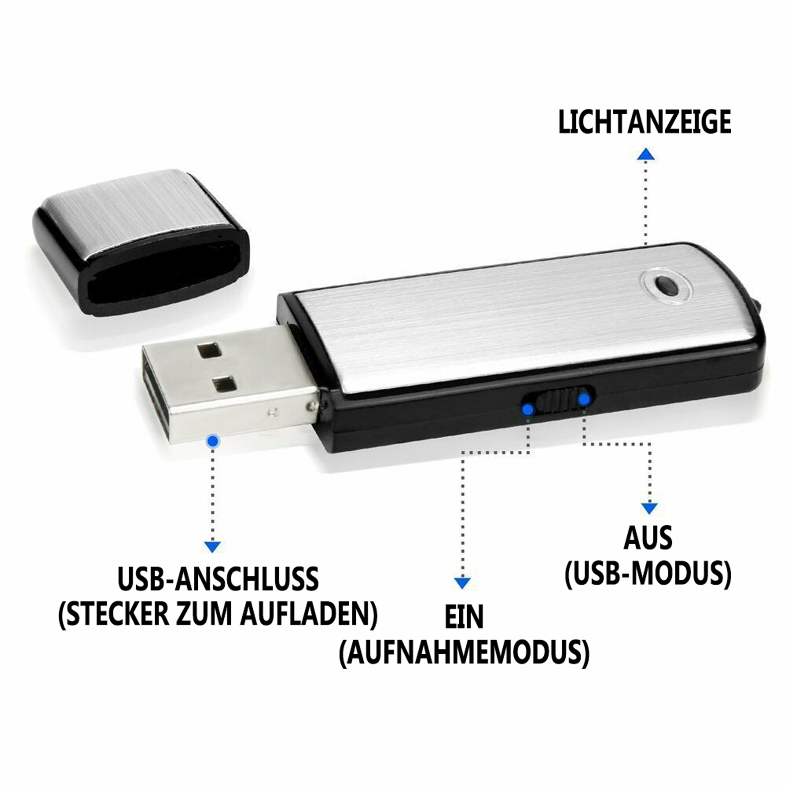 Silberner und schwarzer USB-Stick mit abgenommener Kappe, der USB-Verbindungs- und Betriebsdetails anzeigt.