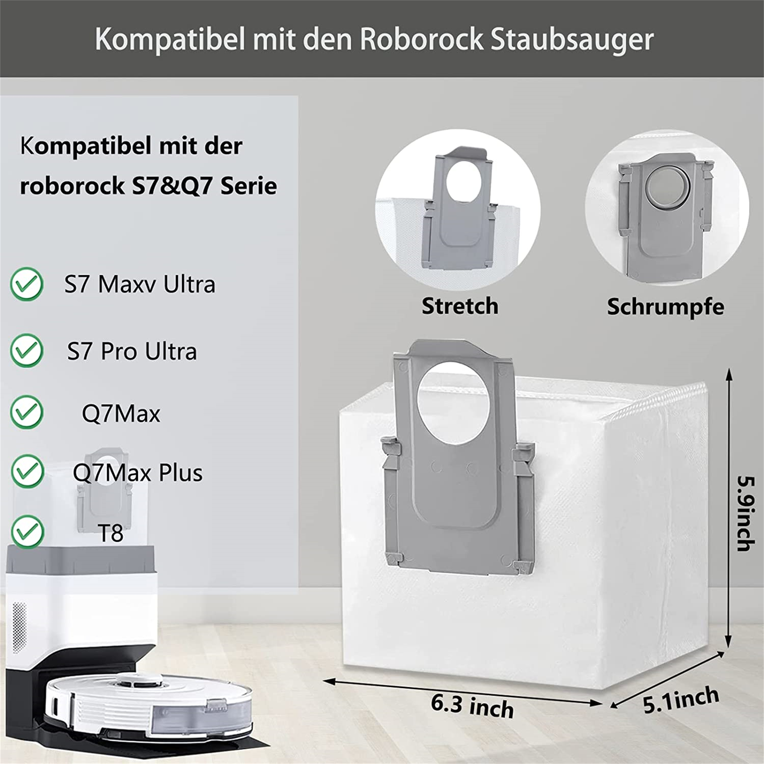 Roborock Staubbeutel-Kompatibilitätsleitfaden mit Angabe der Beutelabmessungen und Staubsaugermodelle.