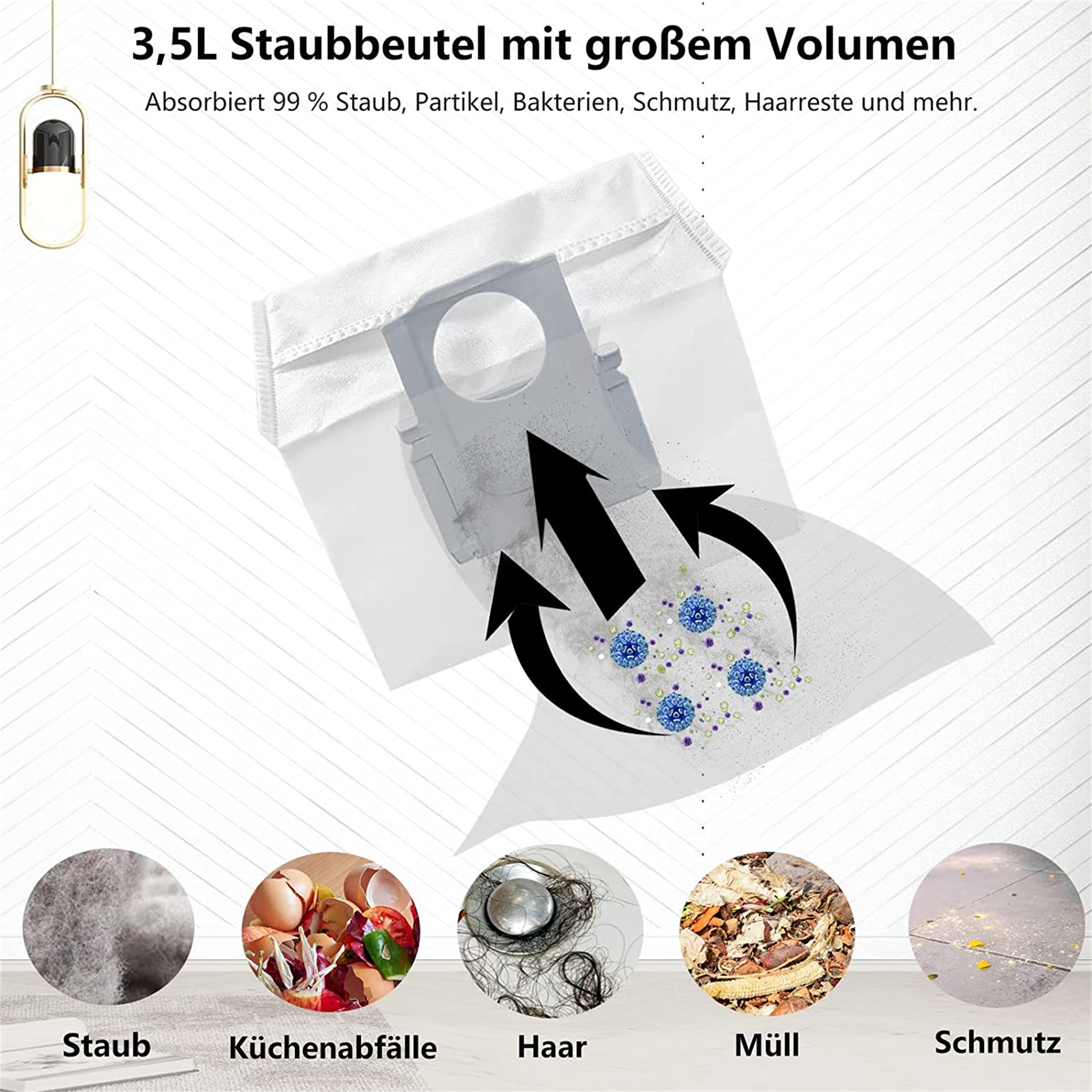 Bild eines Staubbeutels, der sich mit Staub und Schmutz füllt und seine Kapazität und Filtration hervorhebt.
