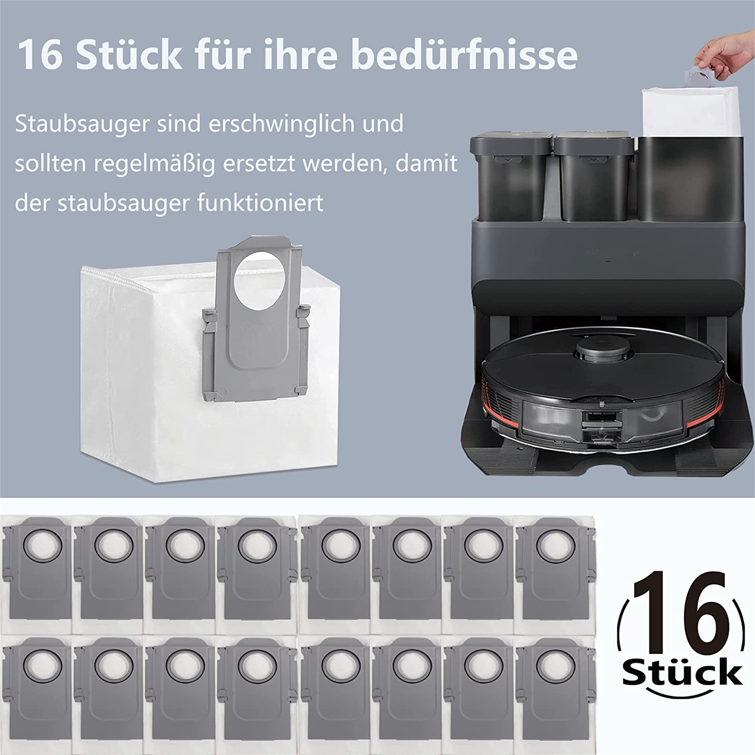 Bild, das einen Satz von 16 Staubsaugerbeuteln neben einem Roboterstaubsauger und seiner Dockingstation zeigt.