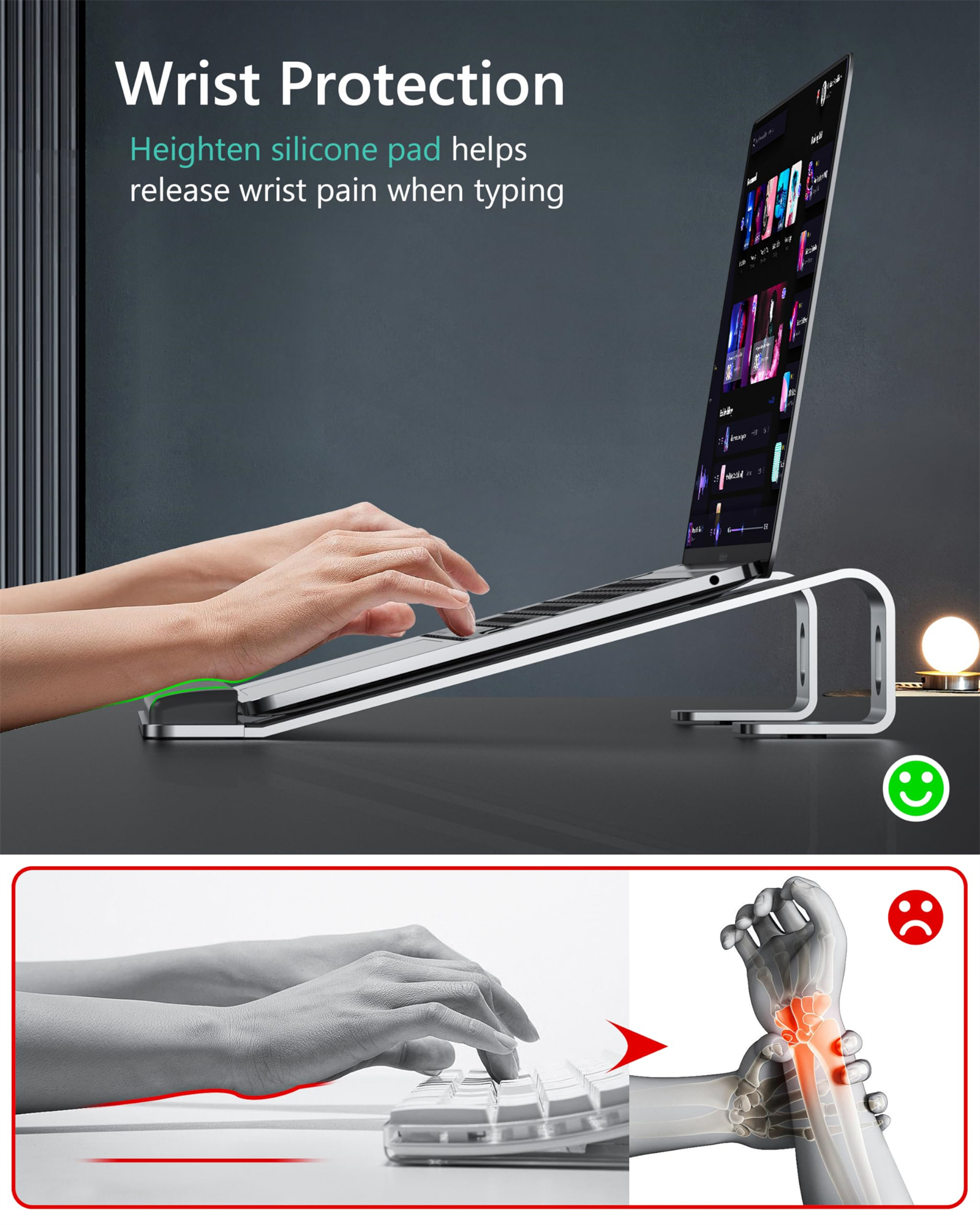 Laptop auf einem Ständer. Hände tippen. Handgelenkschutz-Diagramm: Vergleich eines gesunden Handgelenks mit einem schmerzenden Handgelenk.