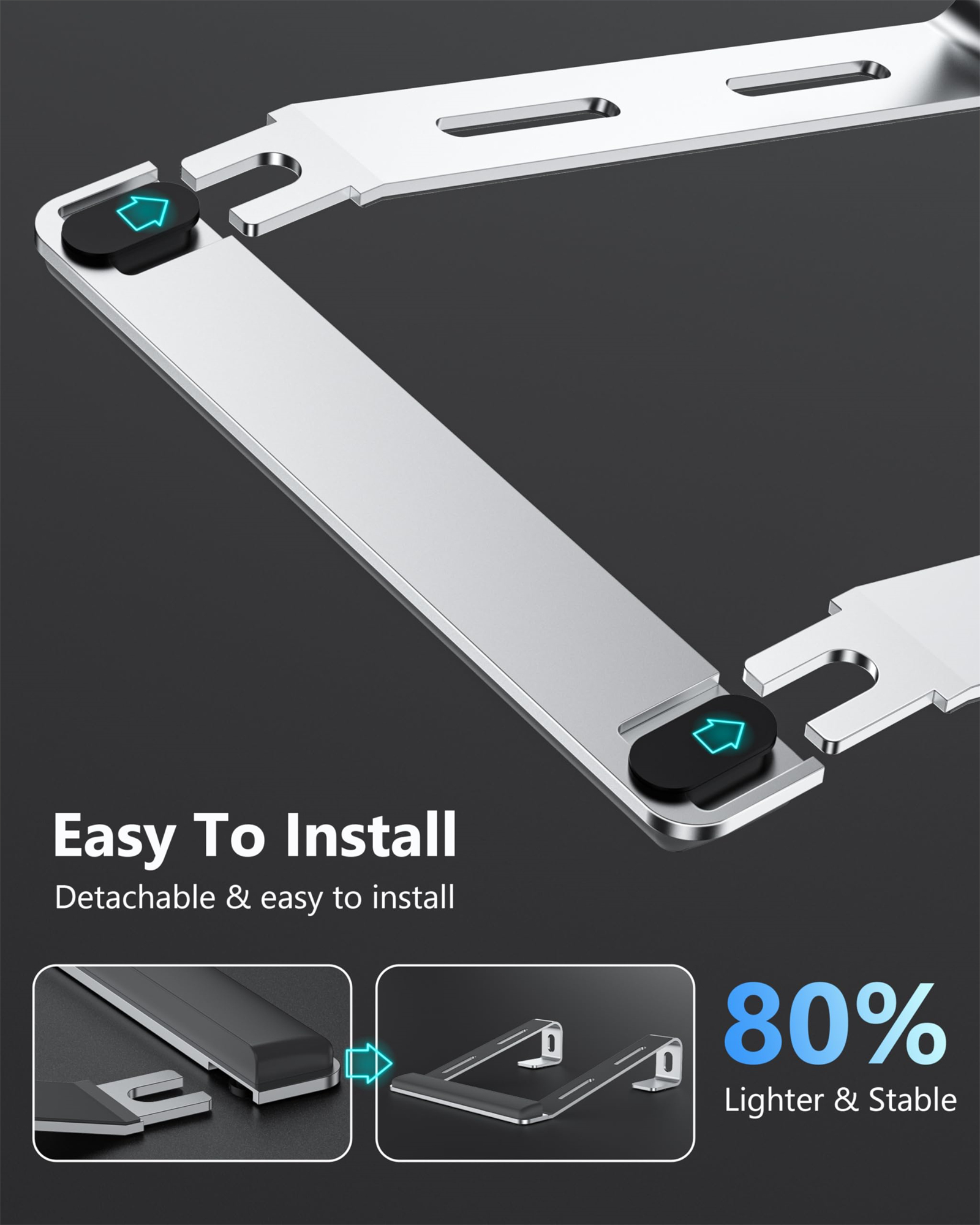 Laptopständerteile. Diagramm zeigt einfache Installation und wie es 80% leichter und stabiler ist als andere.