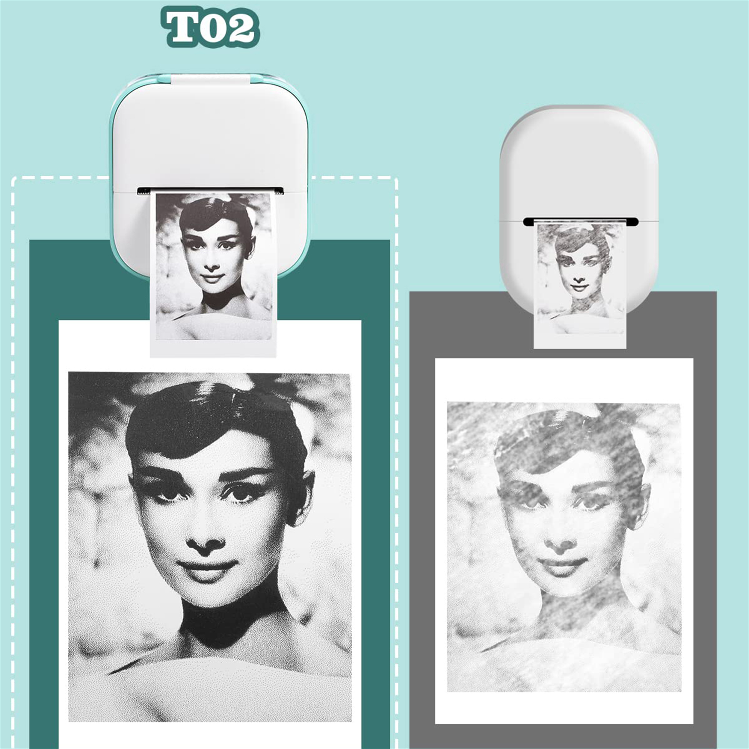 Zwei kleine, weiße Drucker drucken Porträts von Audrey Hepburn vor einem hellblauen Hintergrund.