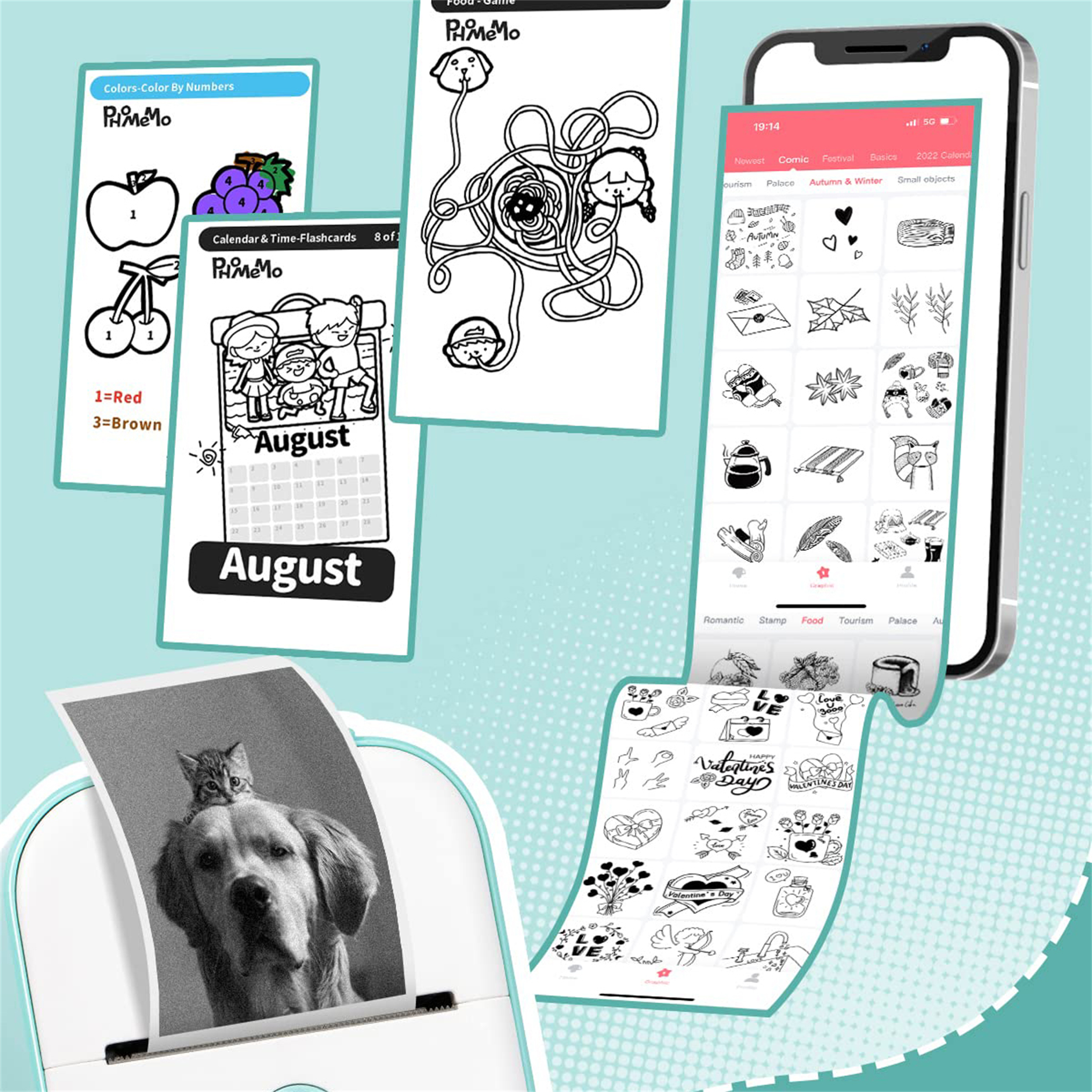 Ein weißer Drucker druckt Bilder, darunter ein Hund mit einer Katze auf dem Kopf und ein Kalender für August.