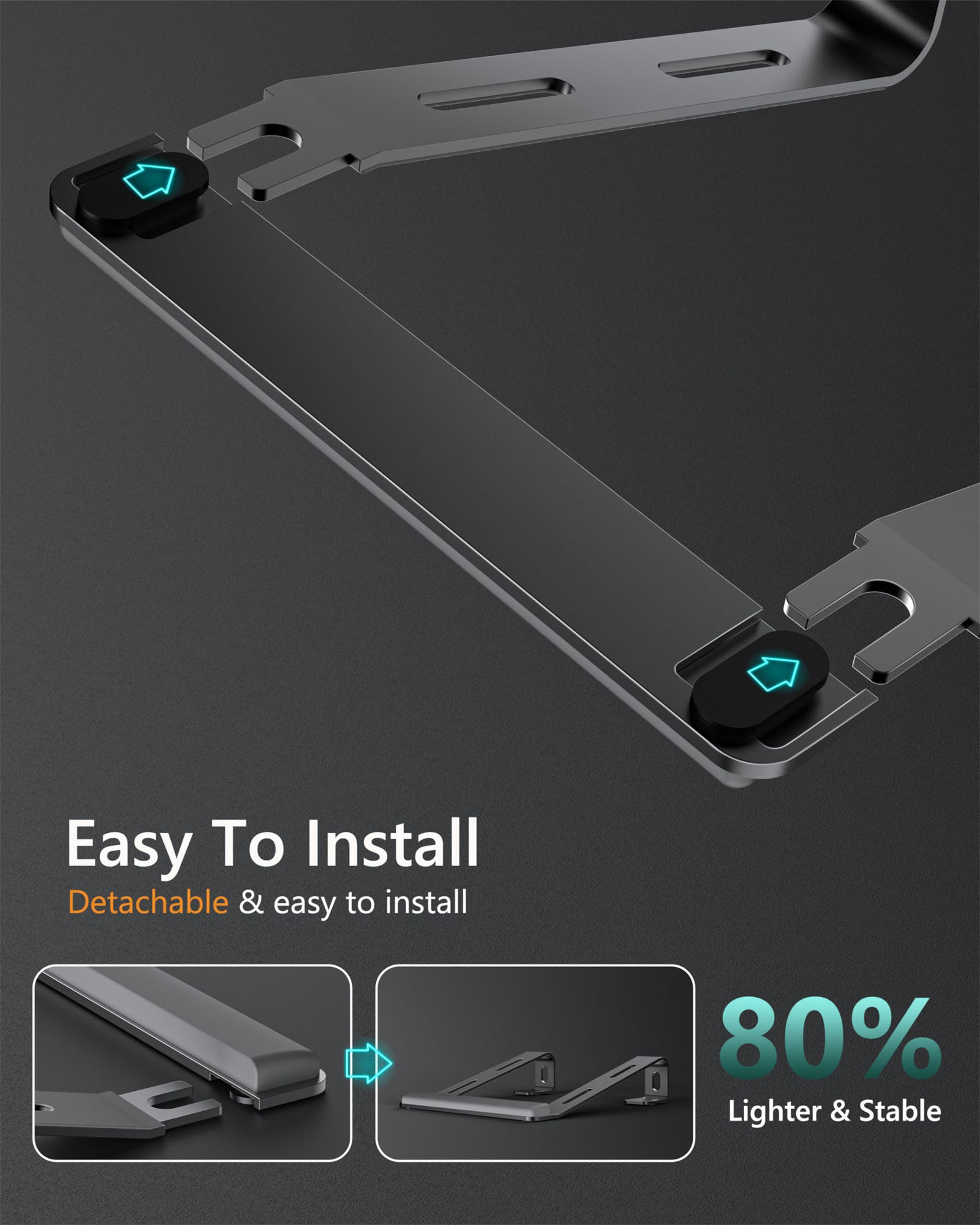 Ein schwarzer Laptopständer wird gezeigt, der seine einfache Installation und sein leichtes, stabiles Design hervorhebt.