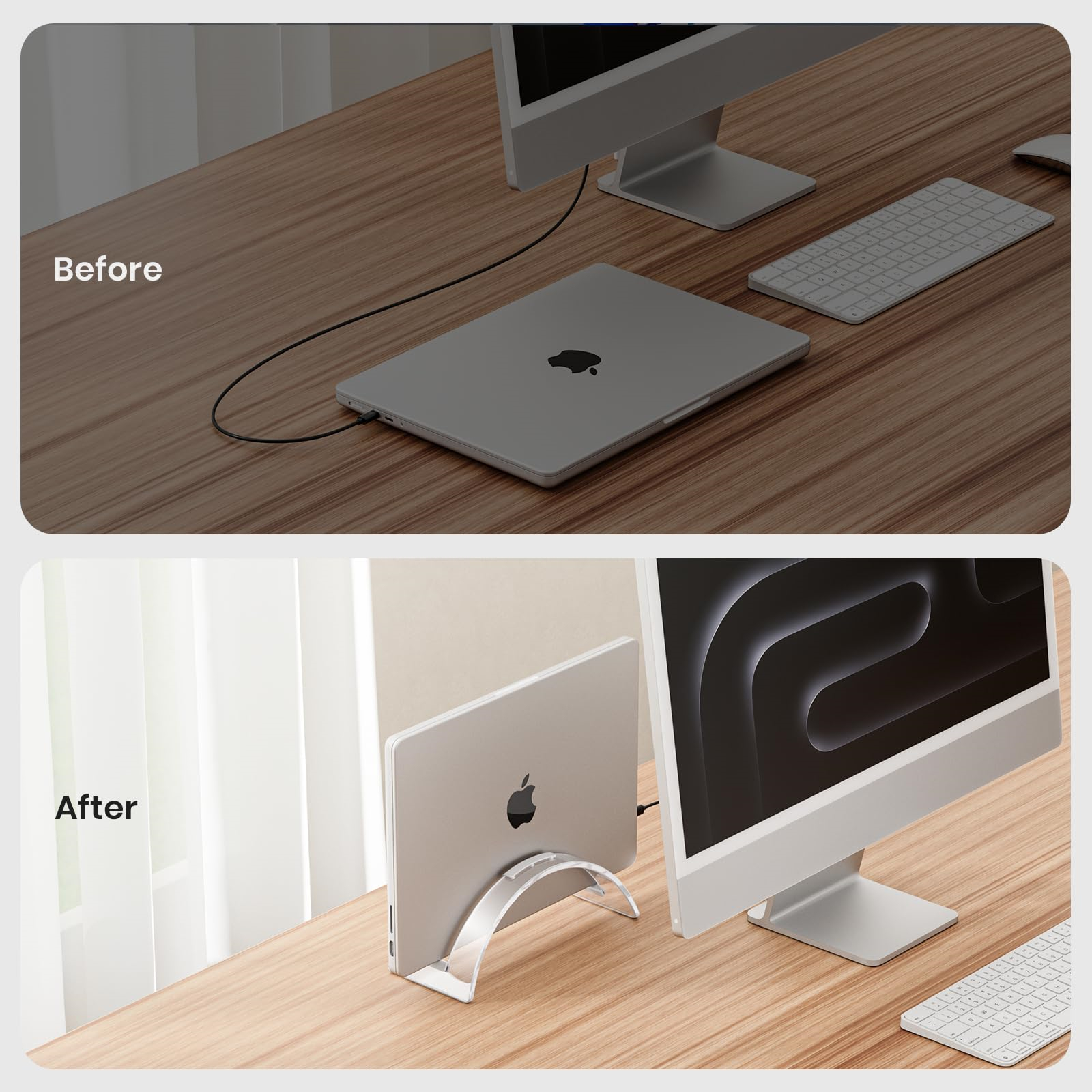 Vorher- und Nachher-Bild eines Laptop-Setups mit einem klaren Acrylständer, der die Organisation des Schreibtisches verbessert.