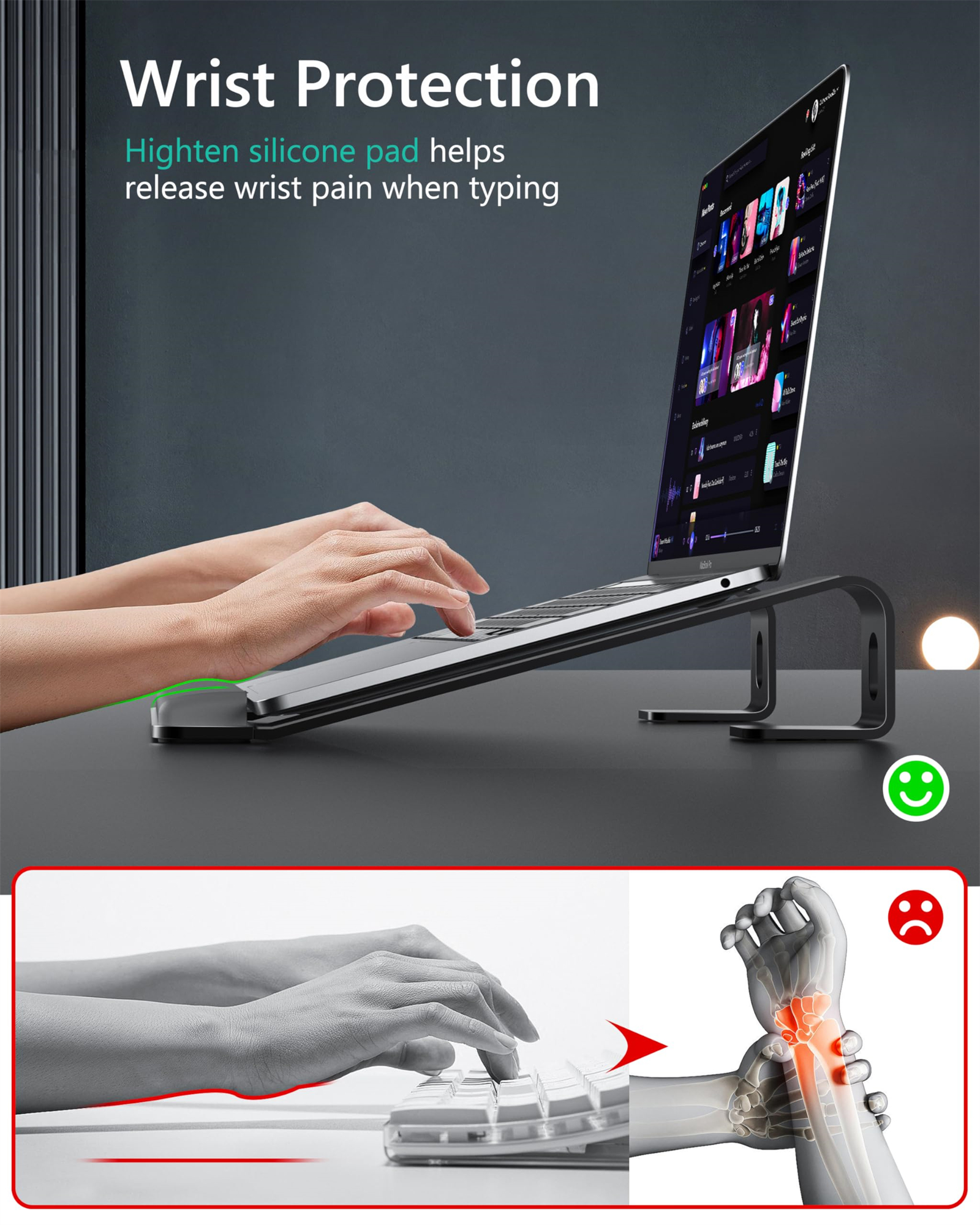 Ein Laptopständer wird gezeigt, der mit einem Silikonpolster und einem ergonomischen Design für komfortables Tippen Handgelenkschmerzen lindert.