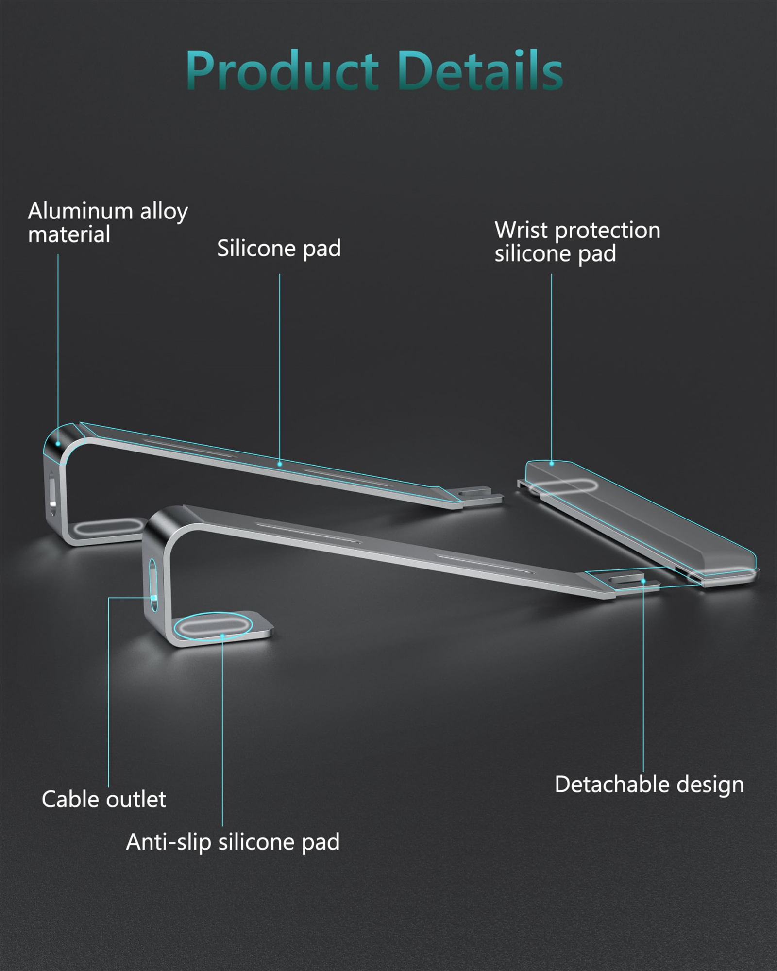 Eine Nahaufnahme eines silbernen Laptopständers, der sein Aluminiumlegierungsmaterial, Silikonpolster und abnehmbares Design hervorhebt.