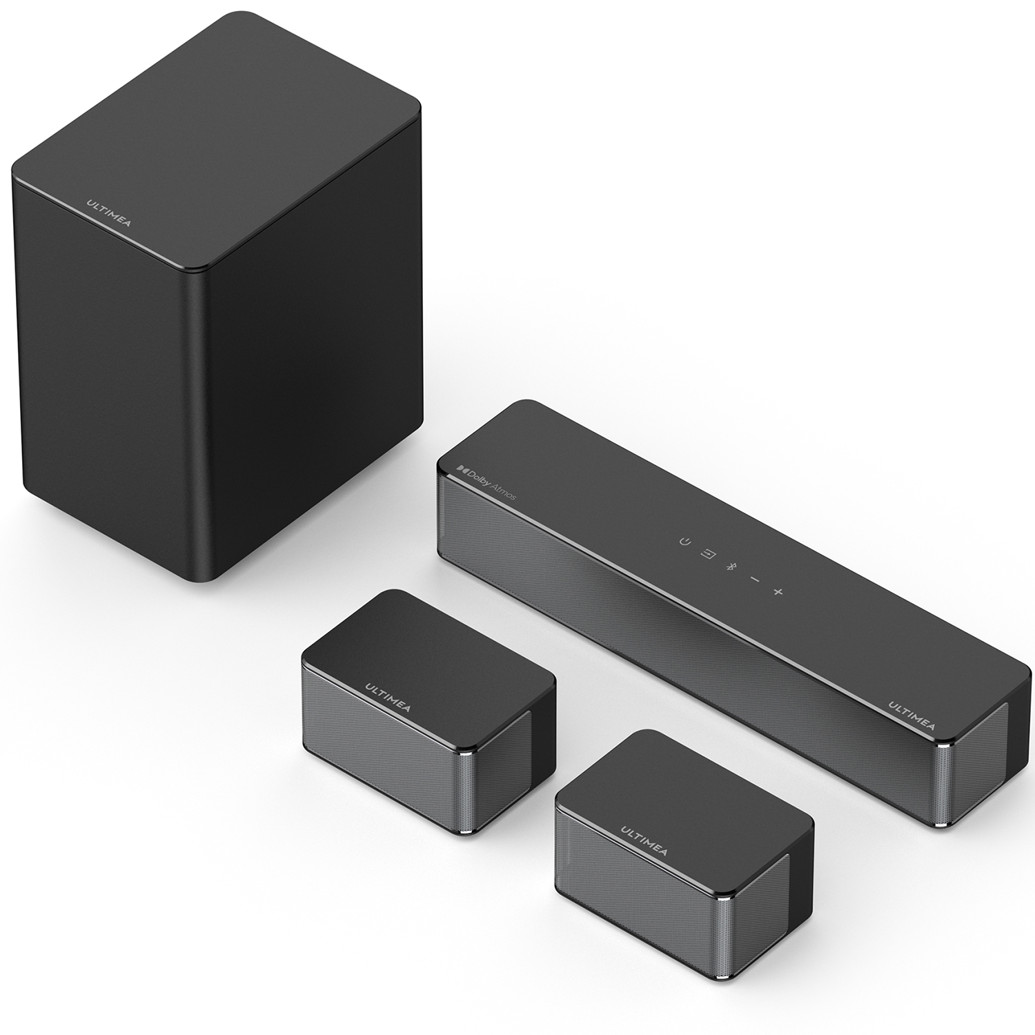 System dźwiękowy kina domowego składający się z soundbara, subwoofera i dwóch głośników satelitarnych.