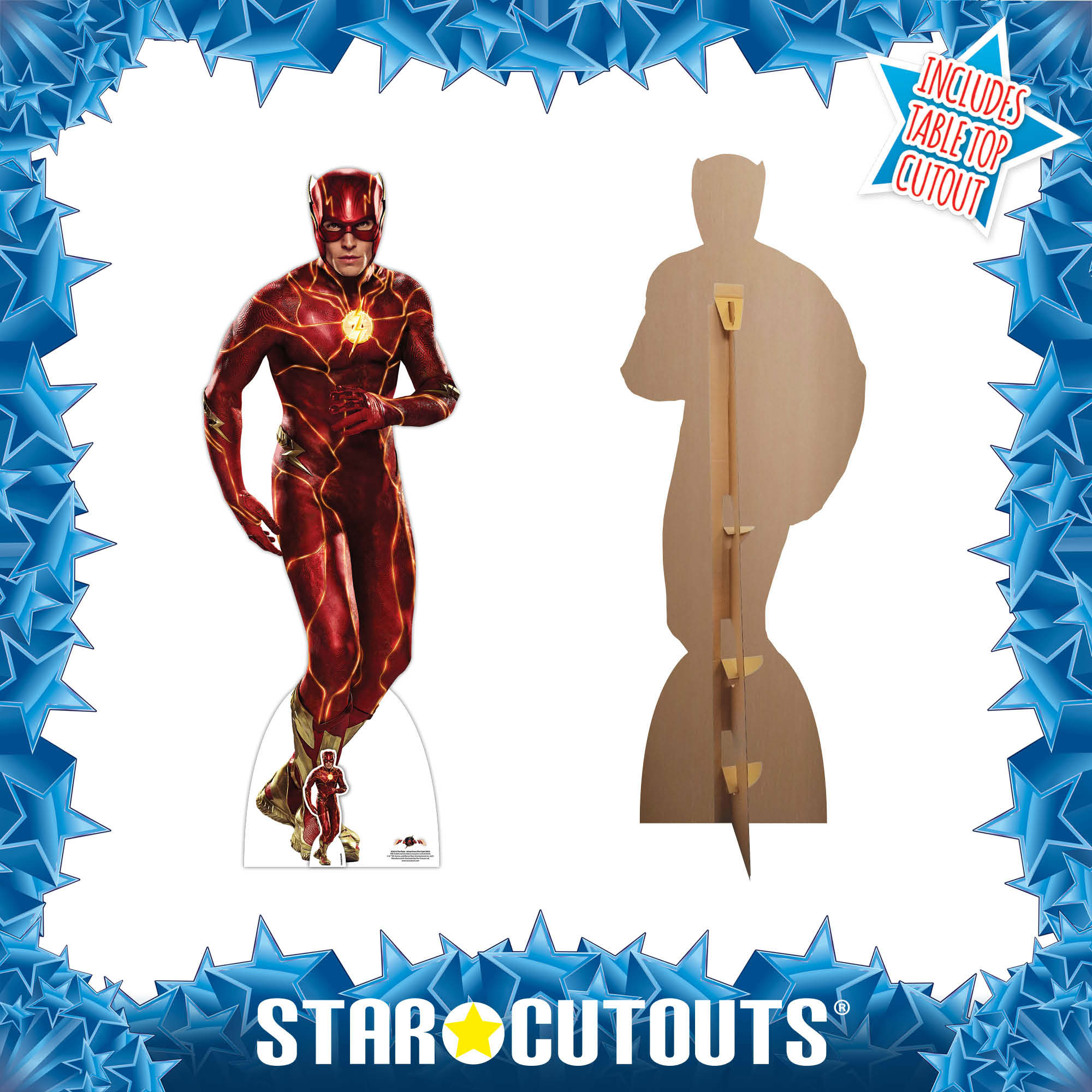 The Flash Standee, roter Anzug mit goldenen Akzenten, umrahmt von blauen Sternen.