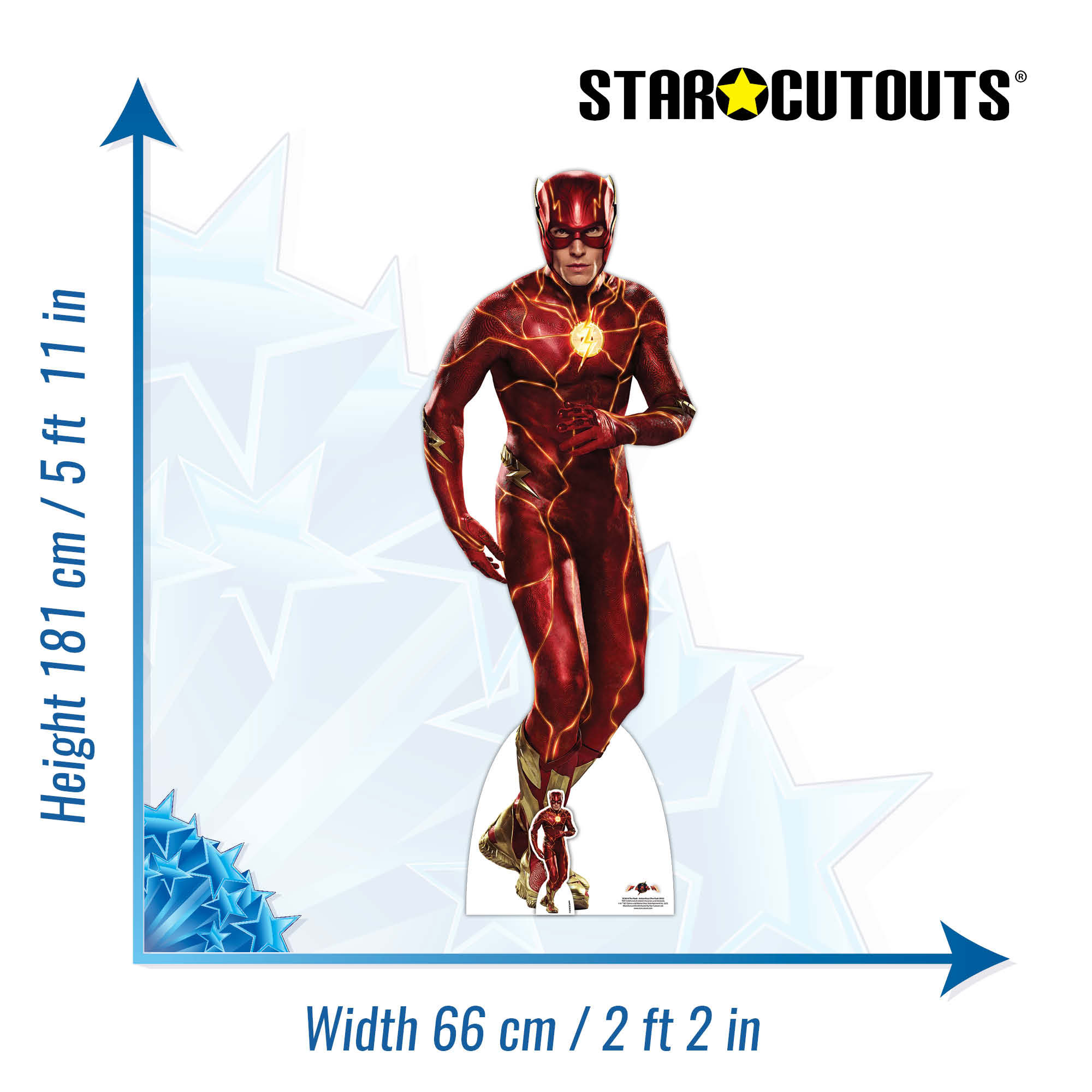 The Flash Standee, roter Anzug, Höhe 181 cm, Breite 66 cm, auf Weiß.