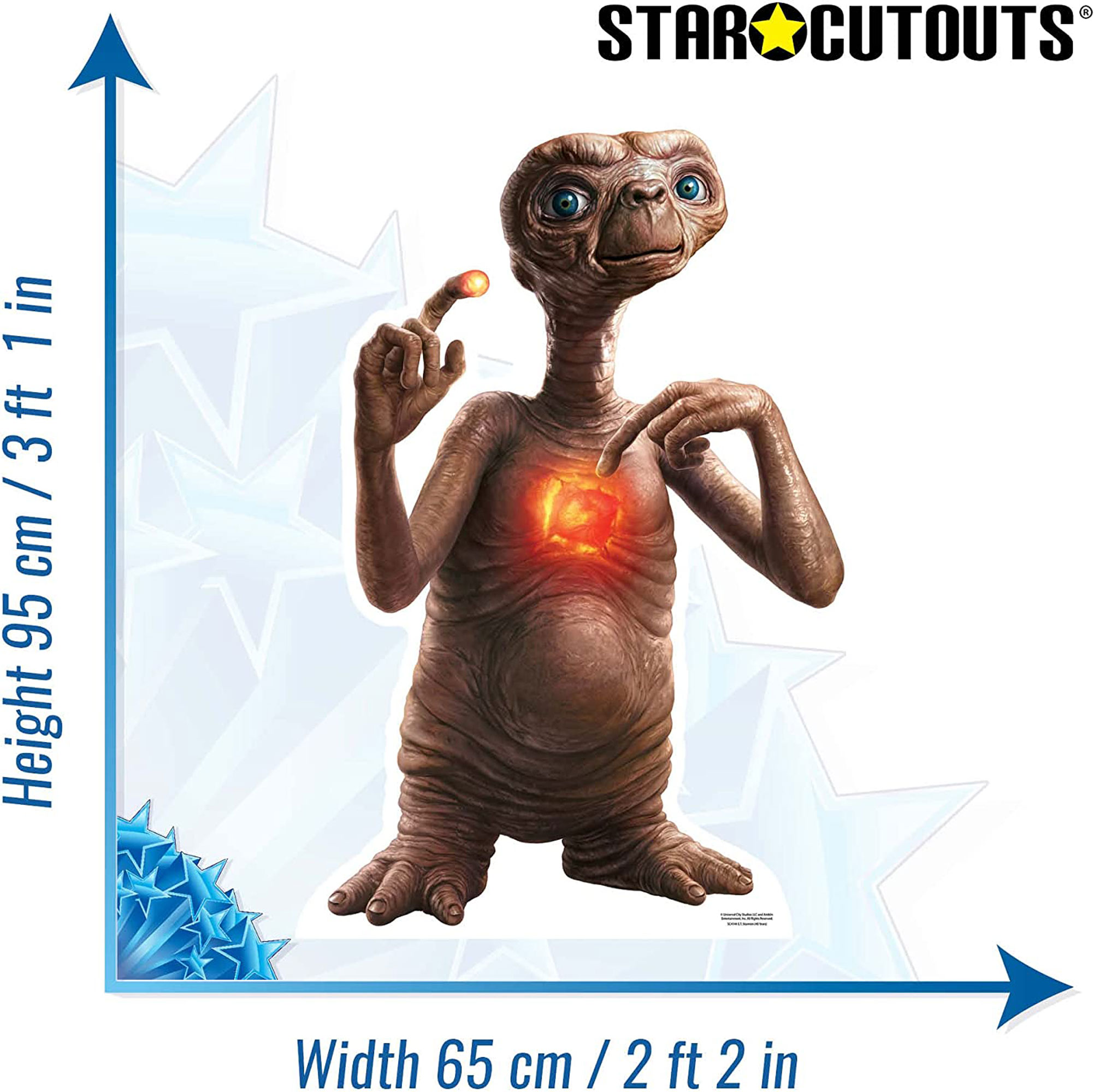 E.T.-Ausschnitt mit Maßen: Höhe 95cm/3ft 1in, Breite 65cm/2ft 2in. Er hat ein leuchtendes Herz und einen Finger.