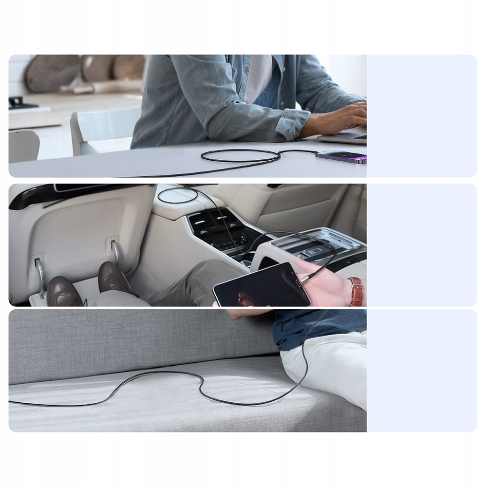 Collage, das ein Ladekabel zeigt, das in verschiedenen Lifestyleszenarien verwendet wird.