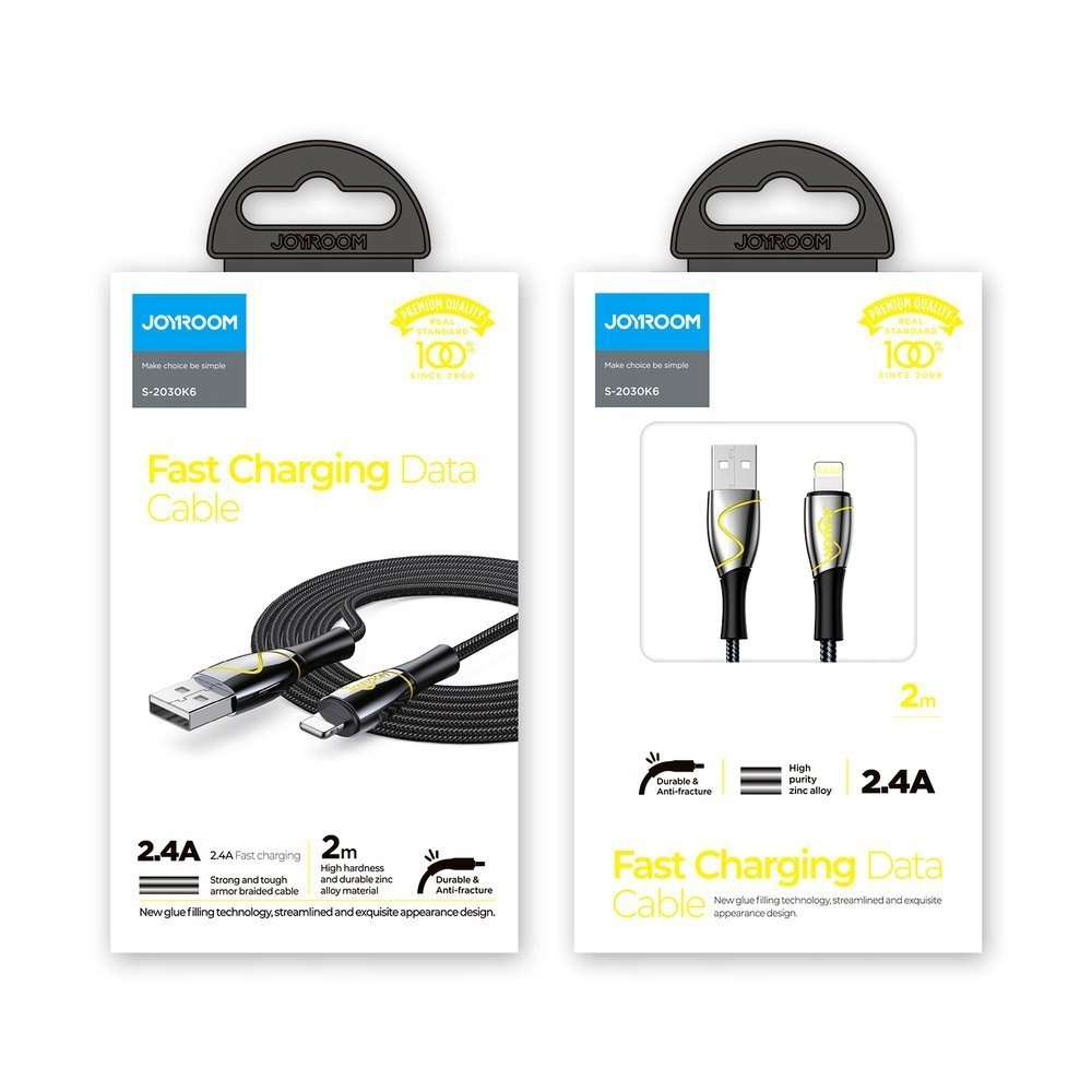 Zwei Joyroom-Schnelllade-Datenkabel in Verpackung mit USB- und Lightning-Anschlüssen.
