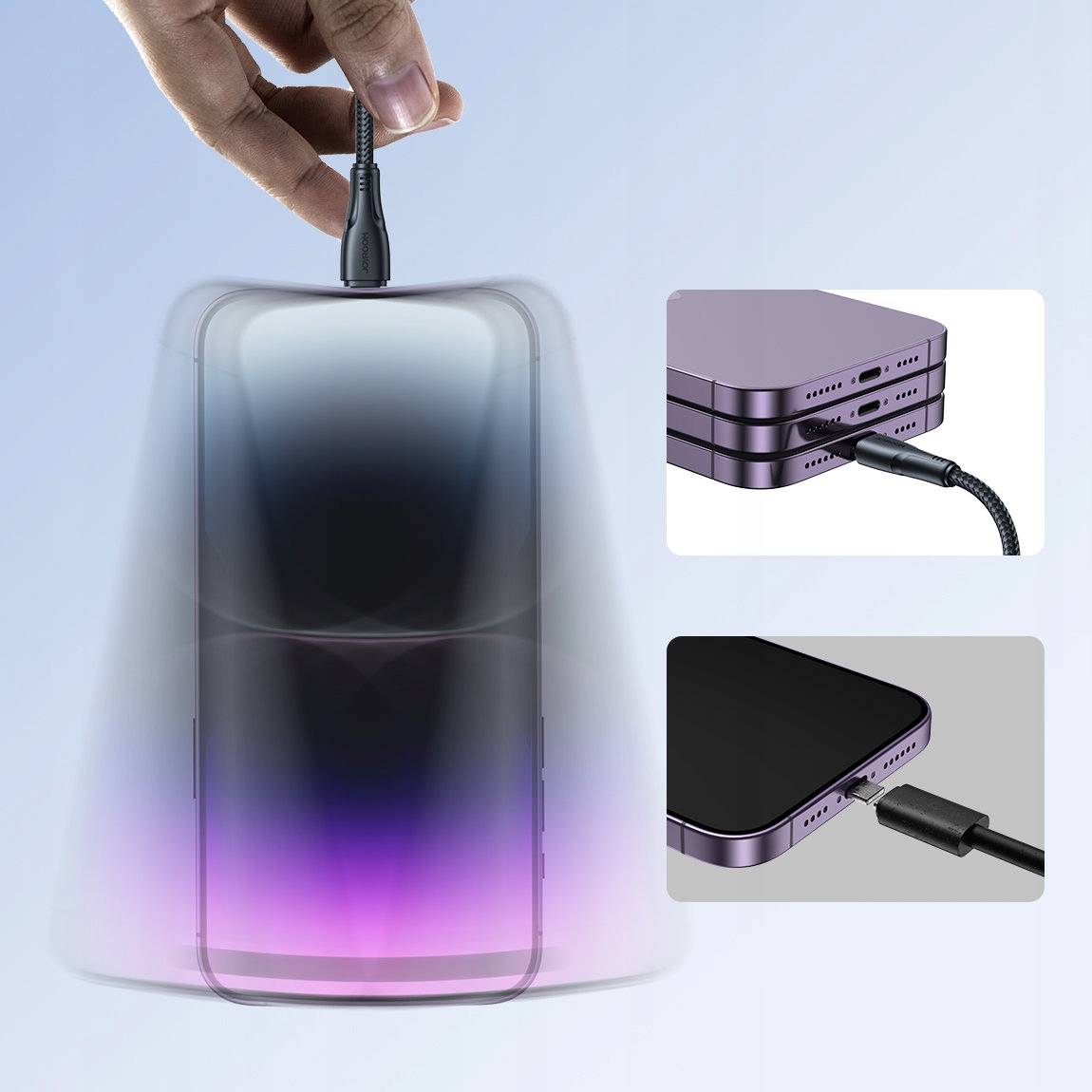 Obraz przedstawiający rękę podłączającą kabel ładujący do smartfona, demonstrujący kompatybilność.