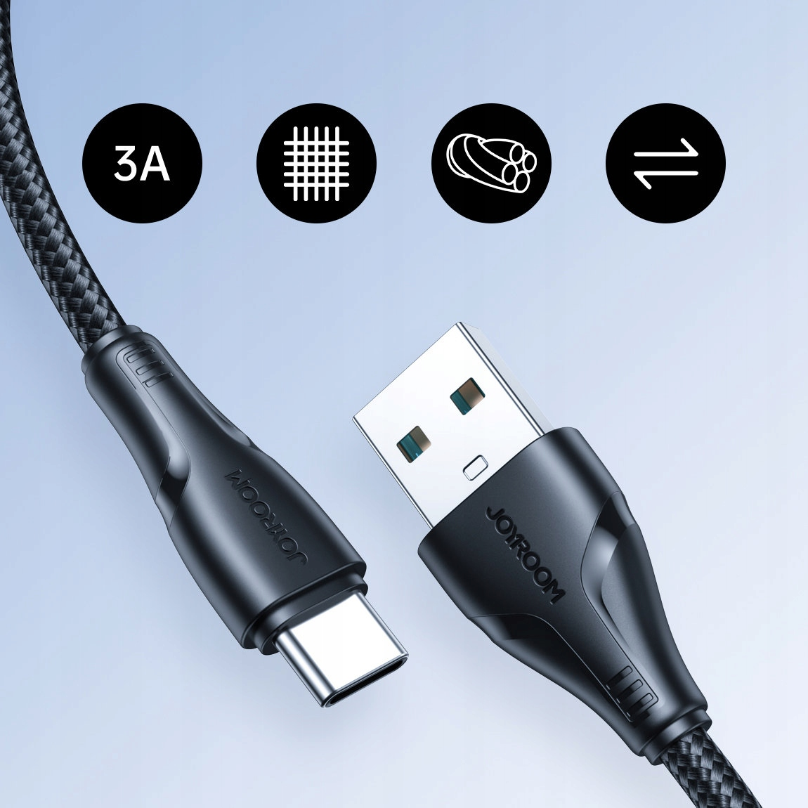 Zbliżenie czarnego kabla USB-C firmy Joyroom ze szczegółowym oplotem i złączem prezentującym jego konstrukcję i funkcje.