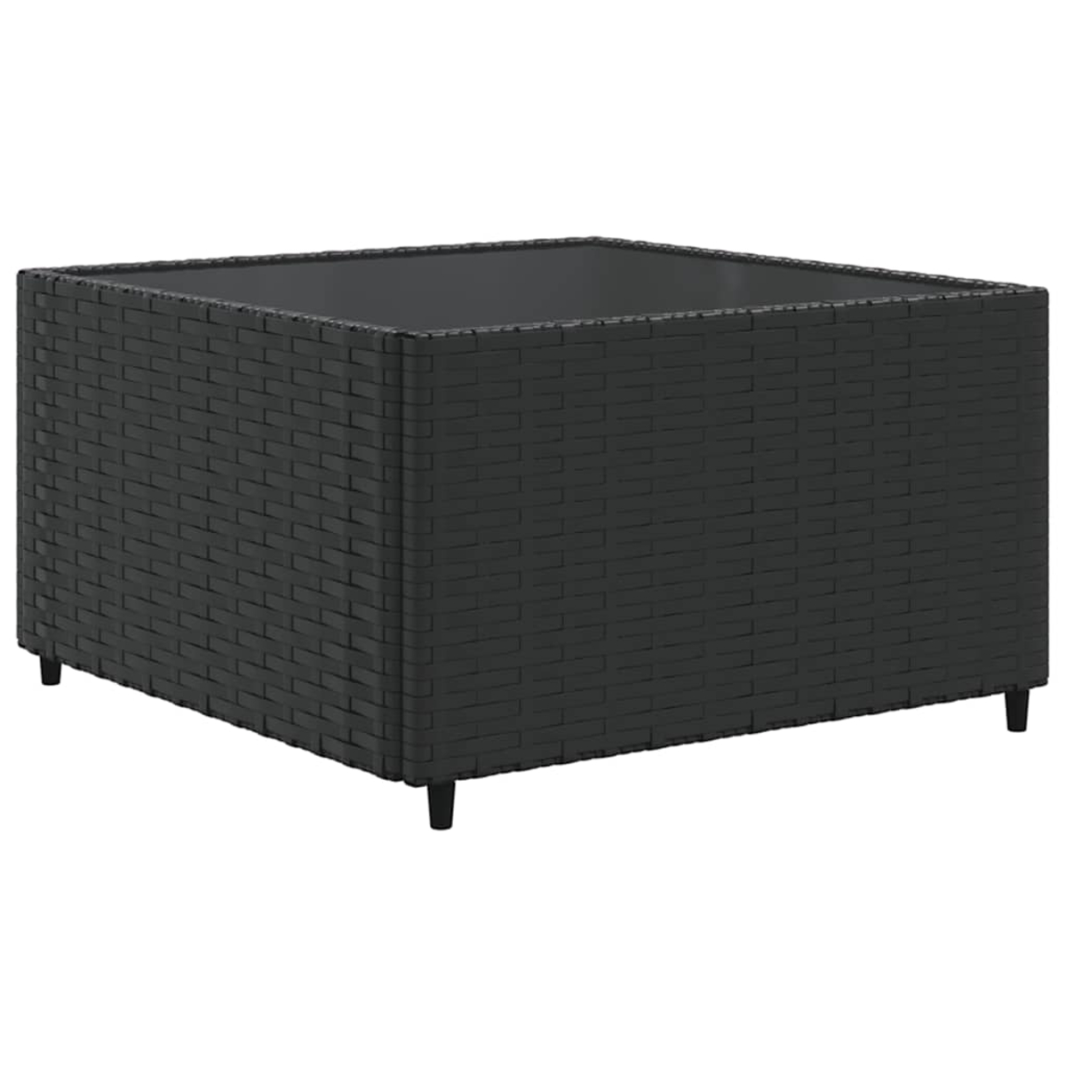 Schwarzer gewebter Outdoor-Tisch mit Glasplatte und kleinen Beinen.