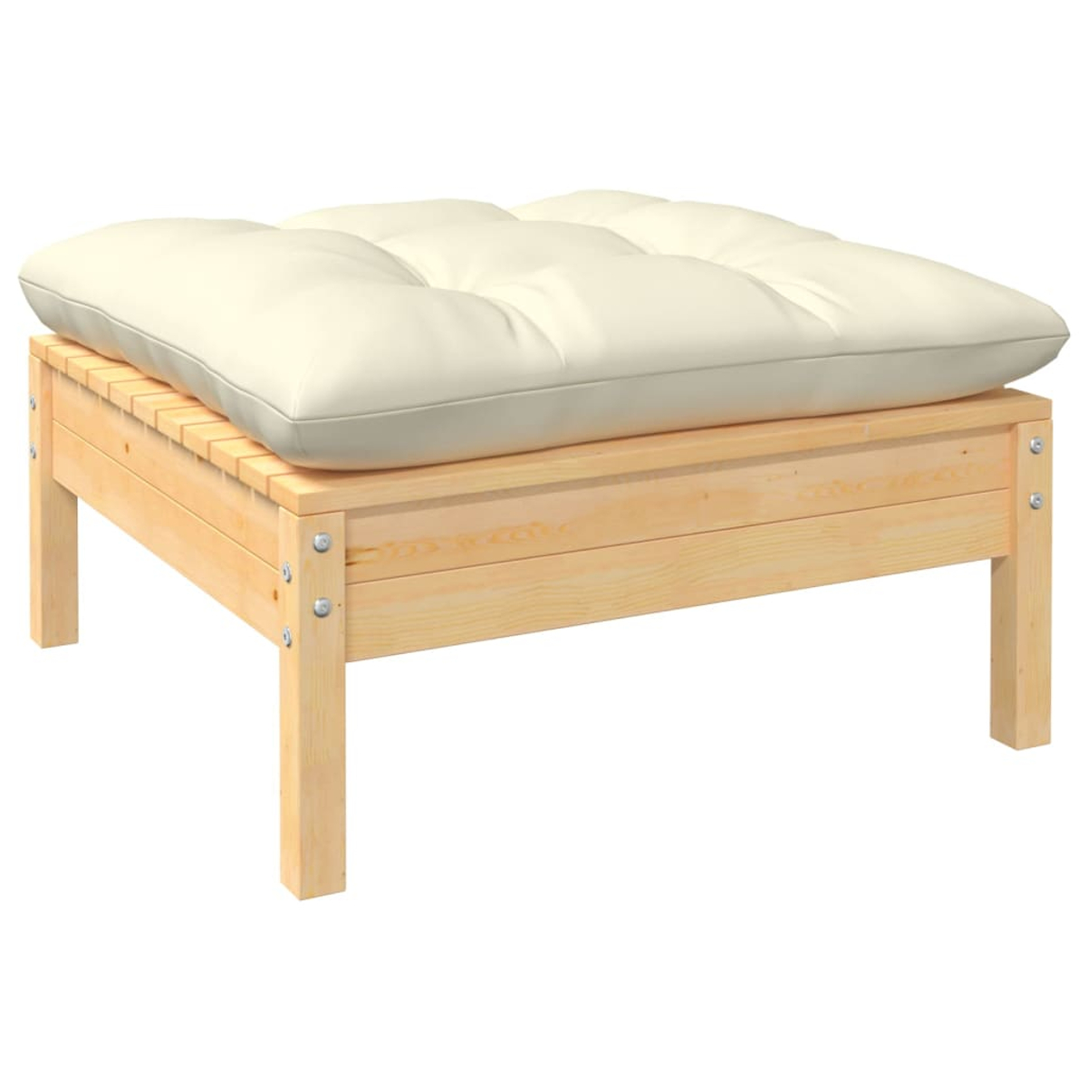 Fußhocker mit hellem Kissen auf Holzrahmen.