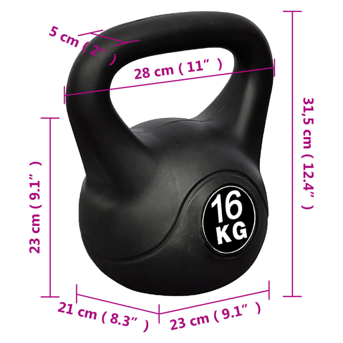 Schwarze 16 kg Kettlebell mit Abmessungen auf weißem Hintergrund.