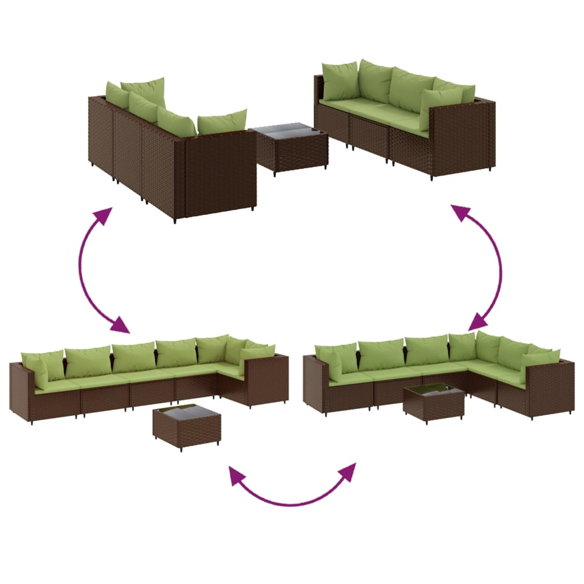 Mehrere Ansichten von braunen Korbmöbeln mit grünen Kissen, modulares Design.