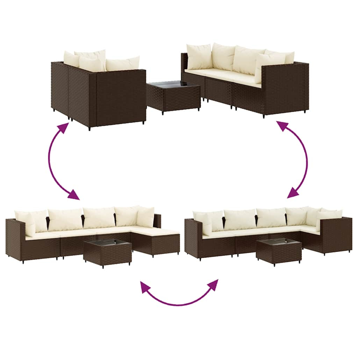 Viste multiple di set di mobili da patio in vimini marrone con cuscini bianchi, design modulare.