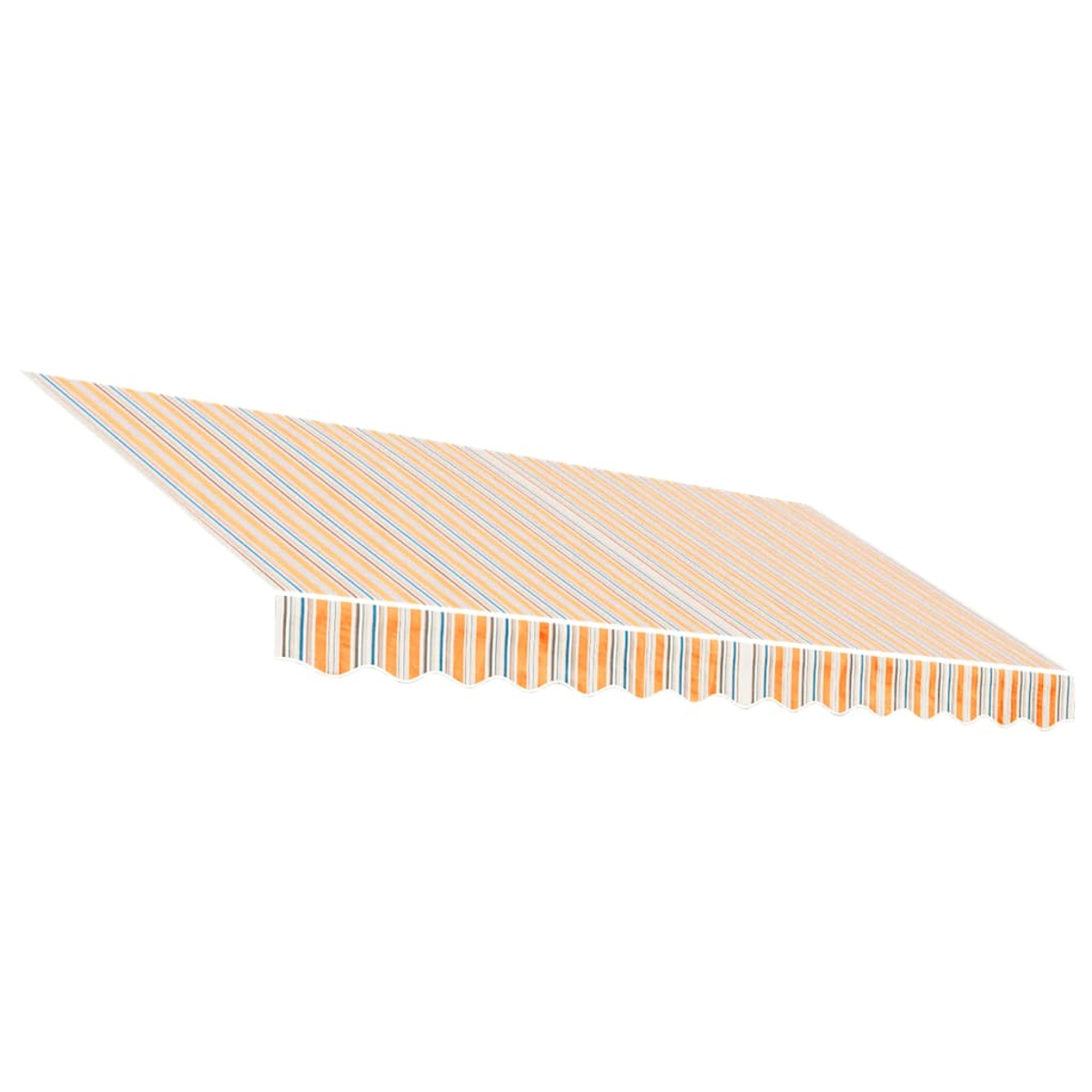 Gestreifte Markise mit orangefarbenen, weißen und blauen Streifen, aus einem niedrigen Winkel vor einem weißen Hintergrund betrachtet.