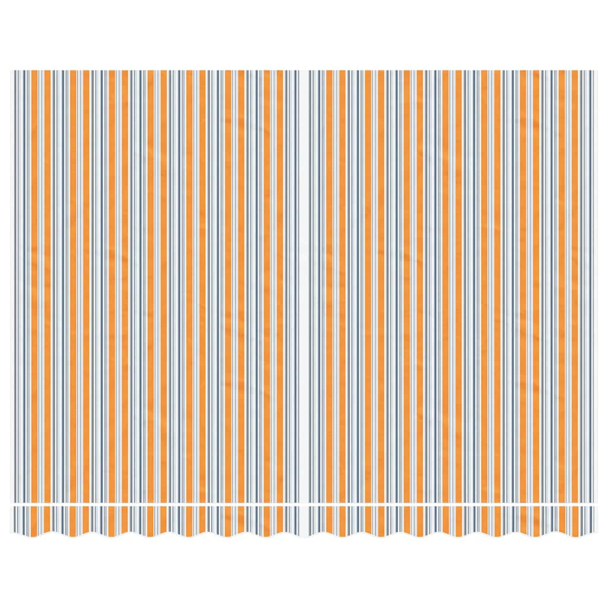 Markisenstoff mit vertikalen Streifen in Orange und Blau mit einem gewellten Rand an der Unterseite.