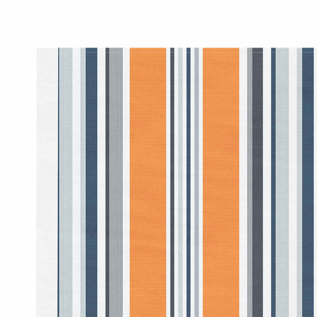 Nahaufnahme eines Markisenstoffs mit vertikalen Streifen in Orange, Hellblau und Dunkelblau.