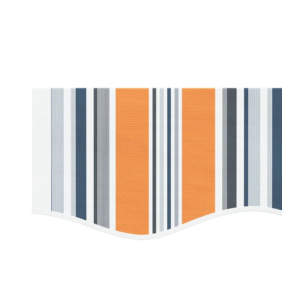 Nahaufnahme eines Markisenstoffs mit orangefarbenen, grauen und blauen vertikalen Streifen und einer gebogenen Unterkante.