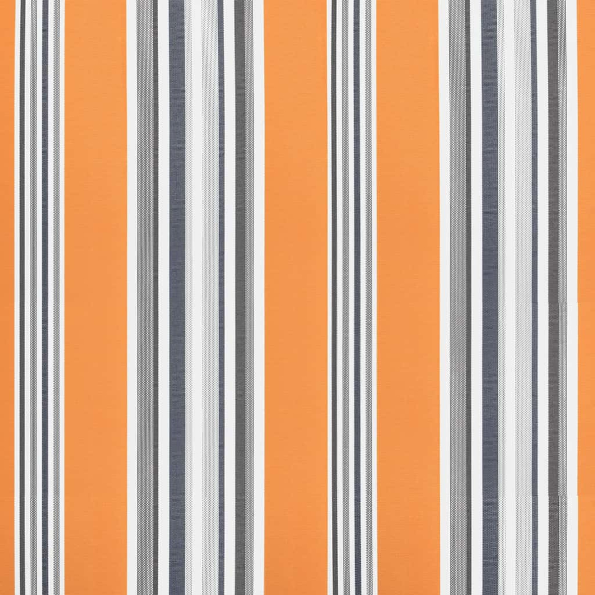 Markisenstoff mit vertikalen Streifen in Orange, Grau und Weiß, gleichmäßig verteilt und den Rahmen ausfüllend.