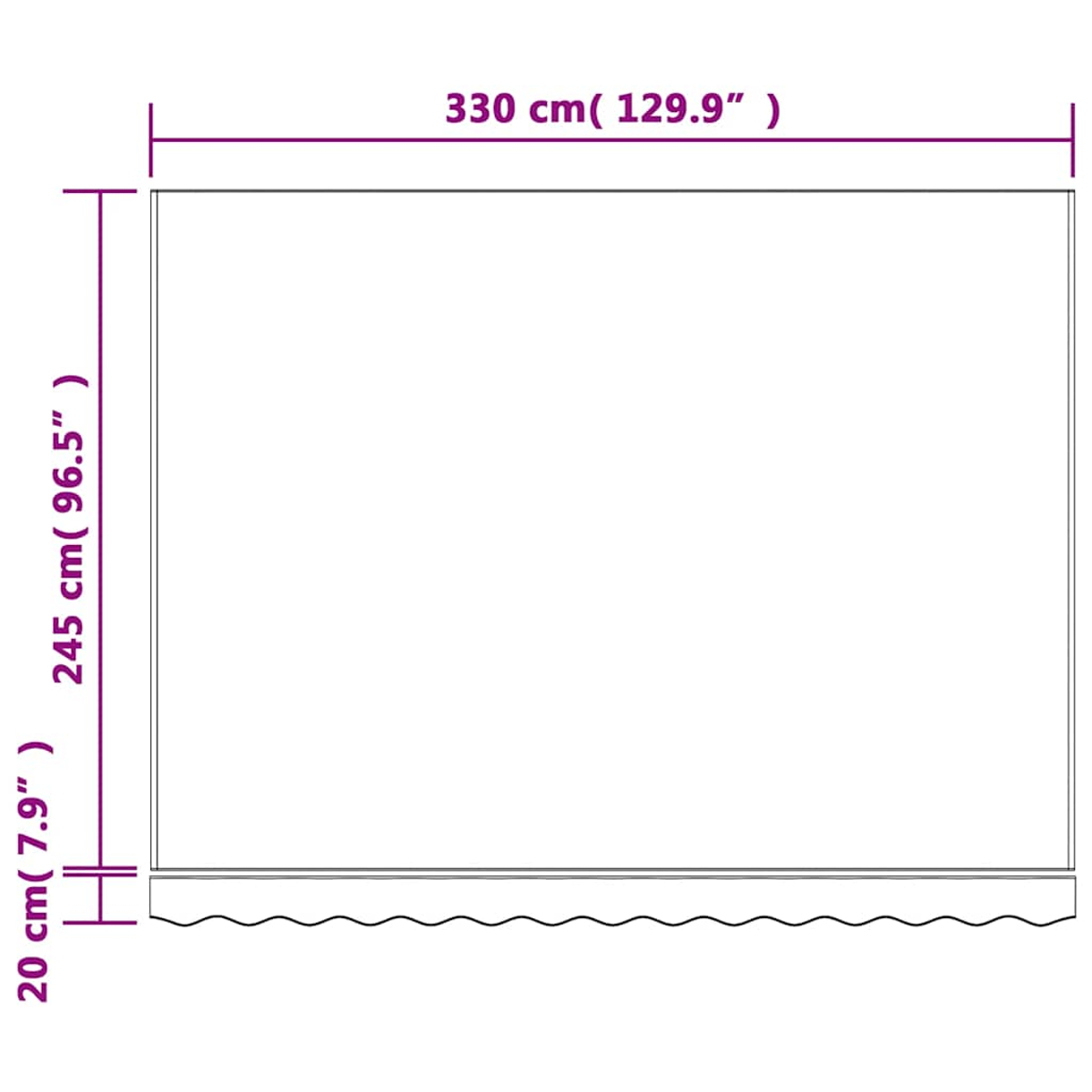 Die Abmessungen der Markisen betragen 330 cm Breite und 245 cm Höhe, mit einem 20 cm breiten Rand an der Unterseite.