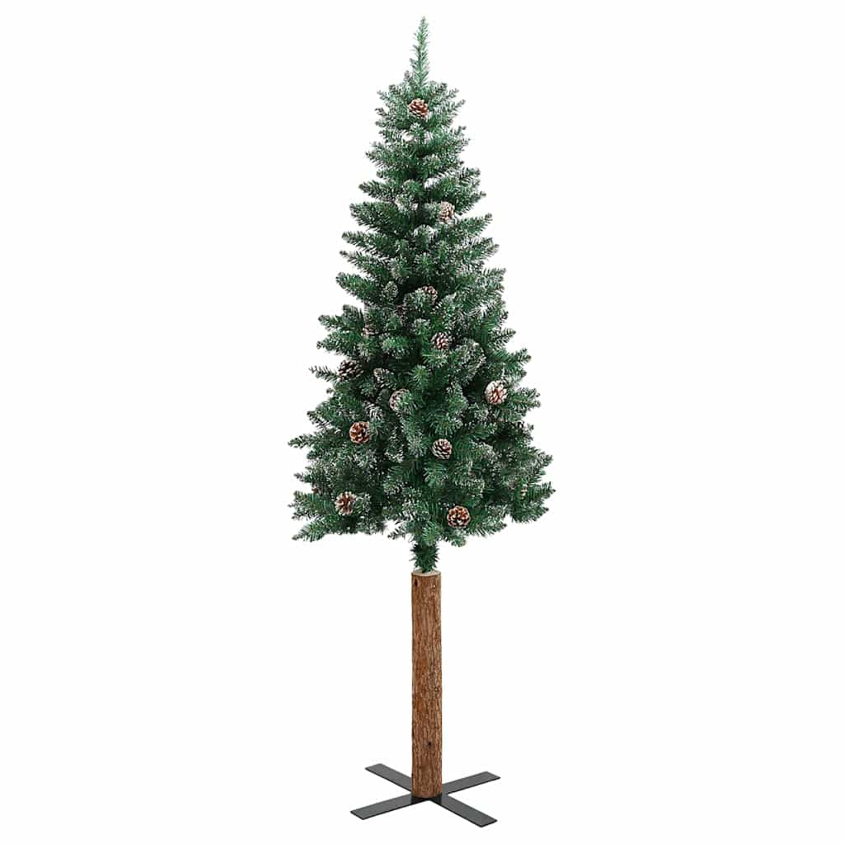Ein halber Weihnachtsbaum steht, geschmückt mit Tannenzapfen, auf einem Holzständer mit einem schwarzen Metallsockel.