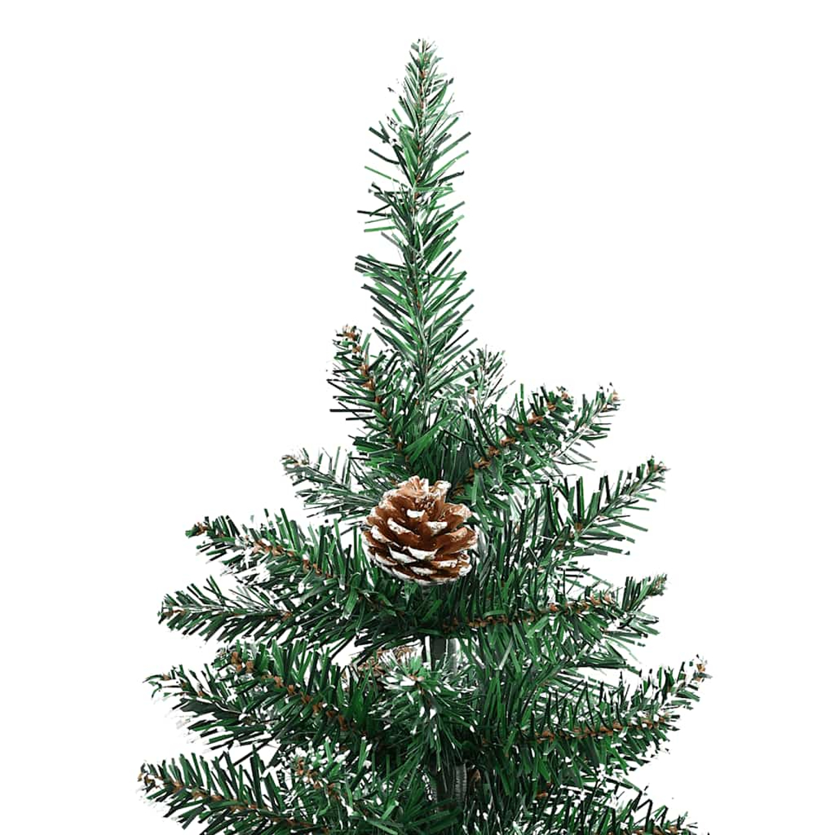 Eine Nahaufnahme einer grünen Weihnachtsbaumspitze mit Tannenzapfen und Schnee.