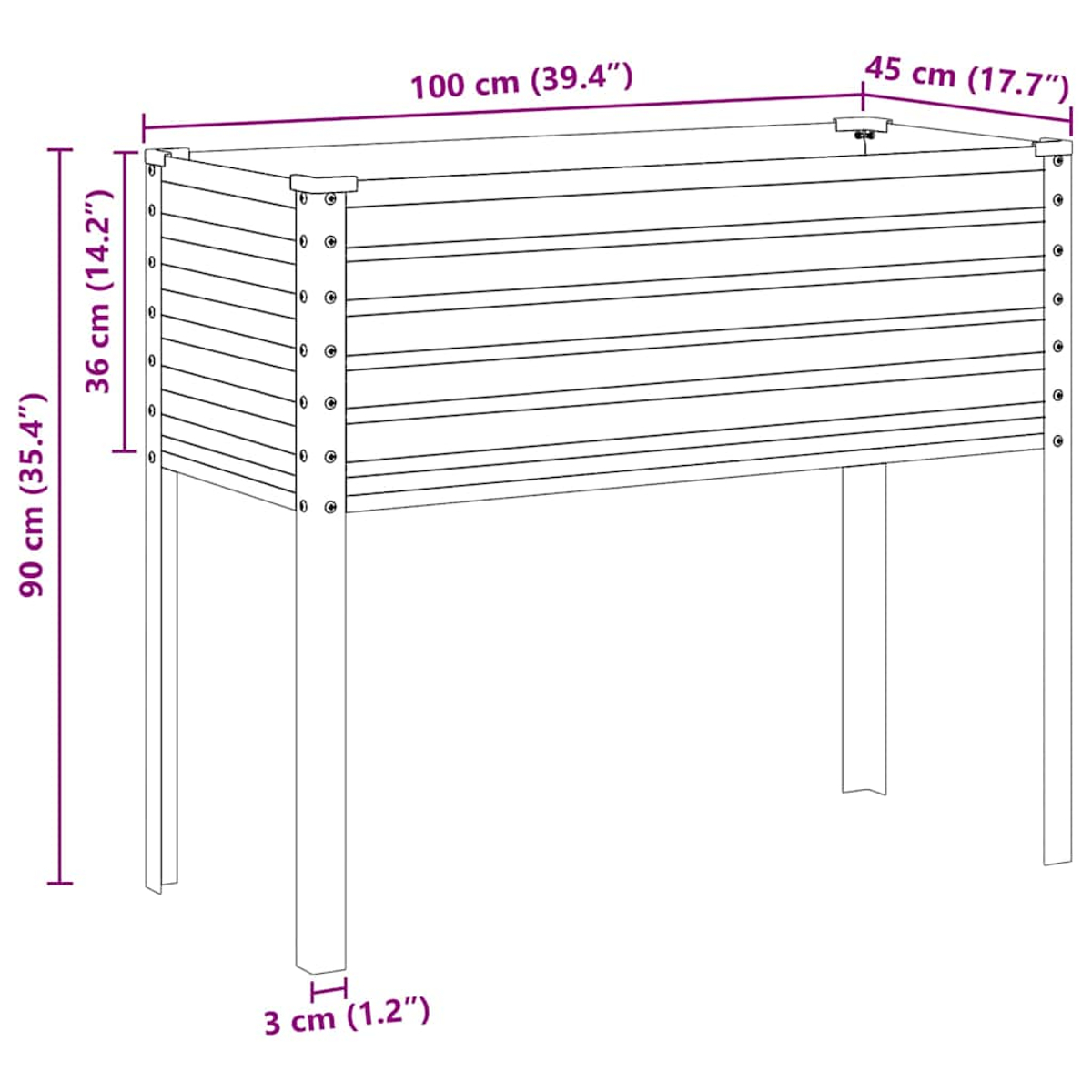 Fioriera rialzata in legno con dimensioni di 100x45x90 cm, altezza gamba 3 cm. La scatola è fatta di assi orizzontali.